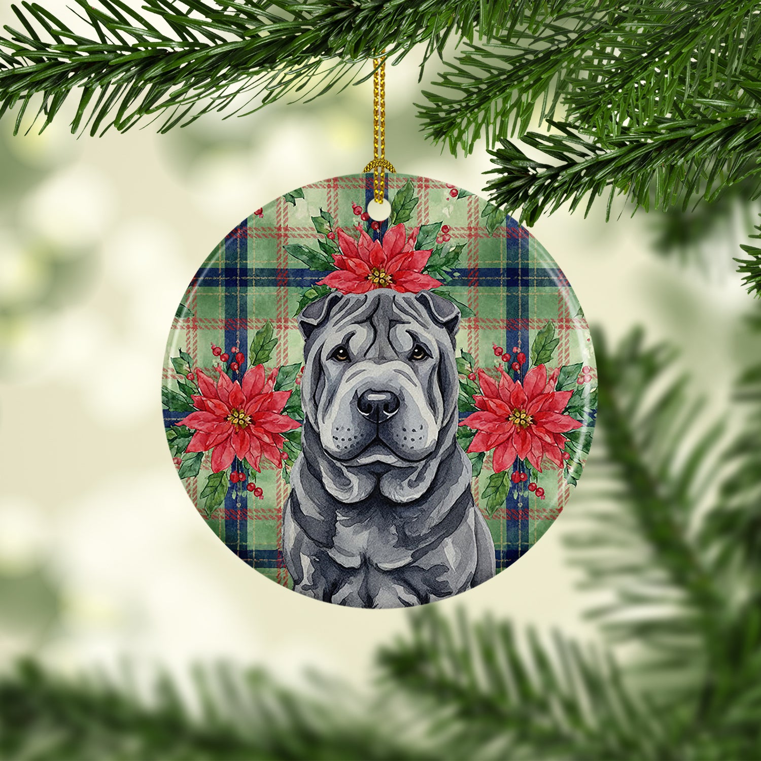Caroline's Treasures Black Shar Pei Christmas PoinsettIas Ceramic Ornament