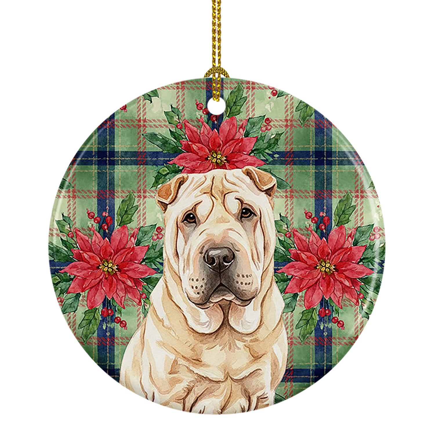Caroline's Treasures Shar Pei Christmas PoinsettIas Ceramic Ornament