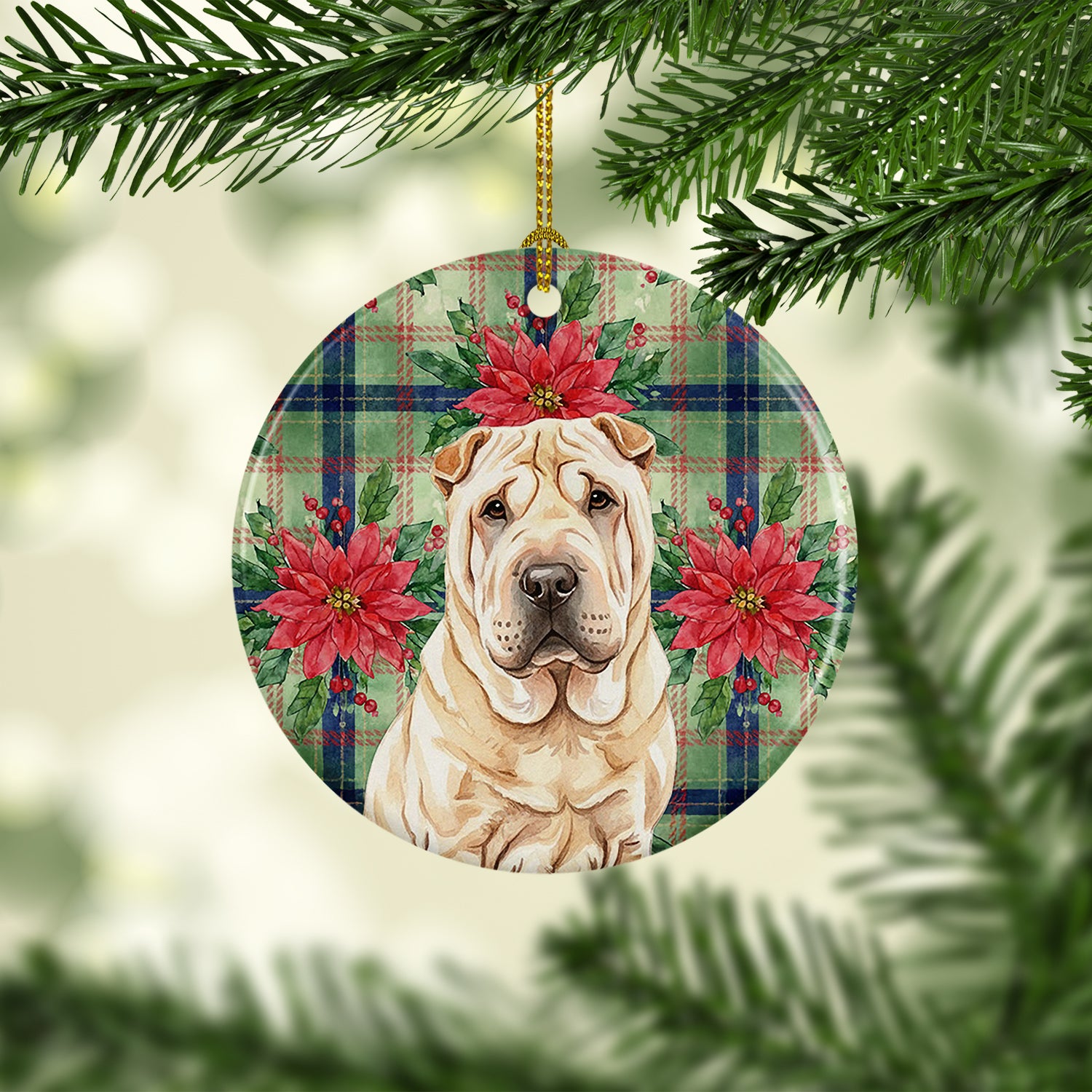 Caroline's Treasures Shar Pei Christmas PoinsettIas Ceramic Ornament