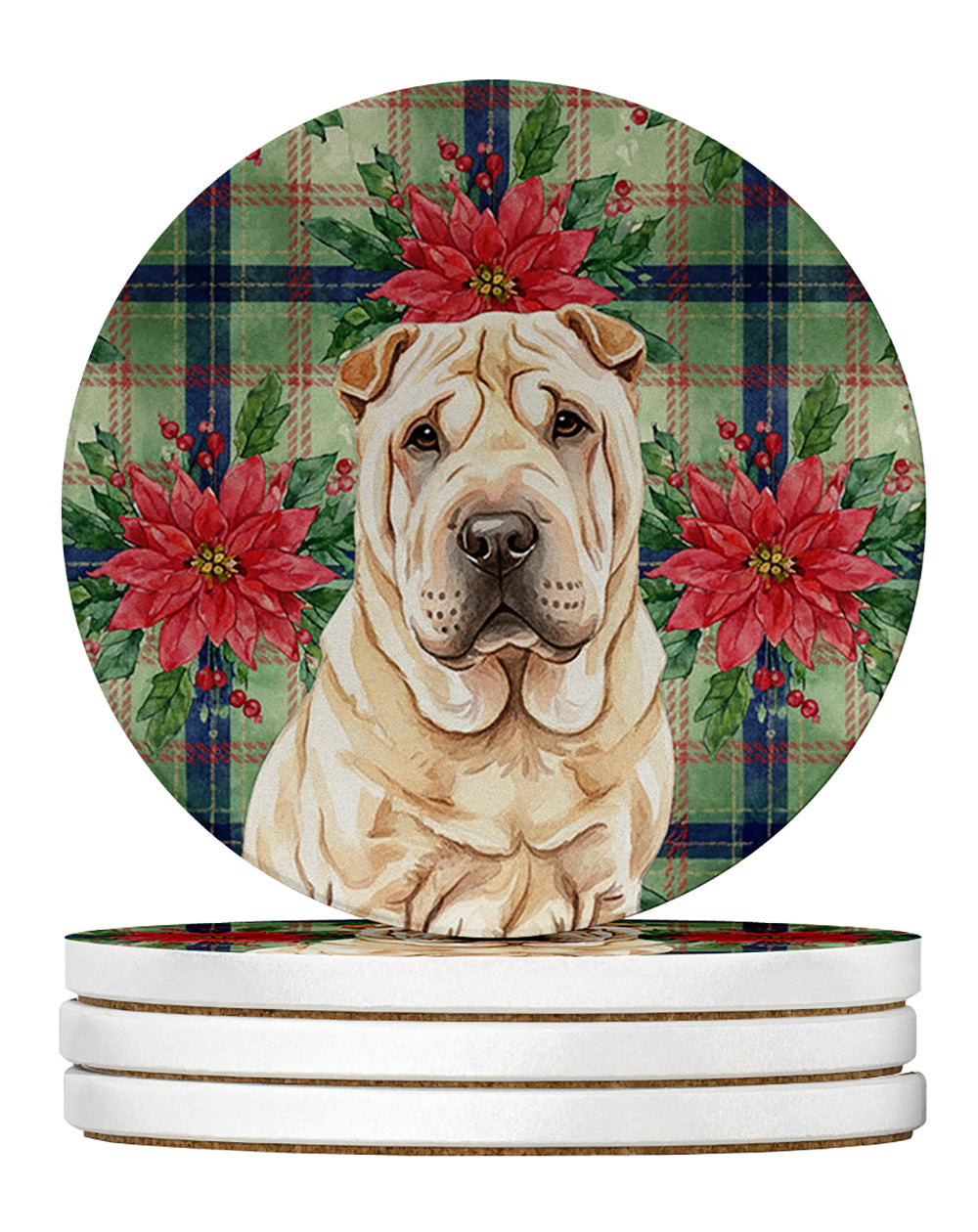 Caroline's Treasures Shar Pei Christmas PoinsettIas Large Sandstone Coasters Pack of 4