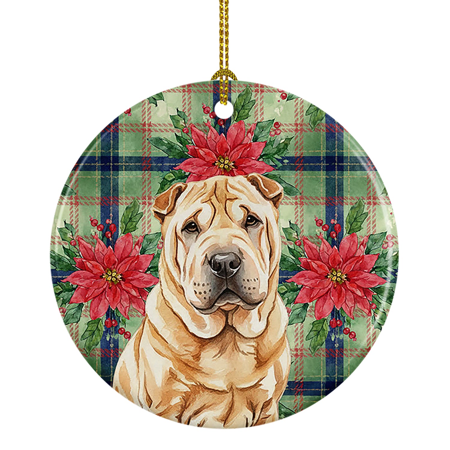 Caroline's Treasures Red Shar Pei Christmas PoinsettIas Ceramic Ornament
