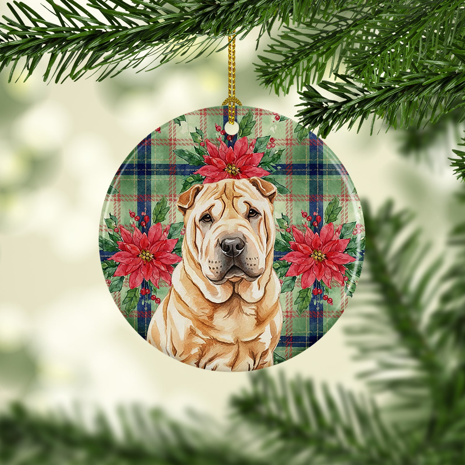 Caroline's Treasures Red Shar Pei Christmas PoinsettIas Ceramic Ornament