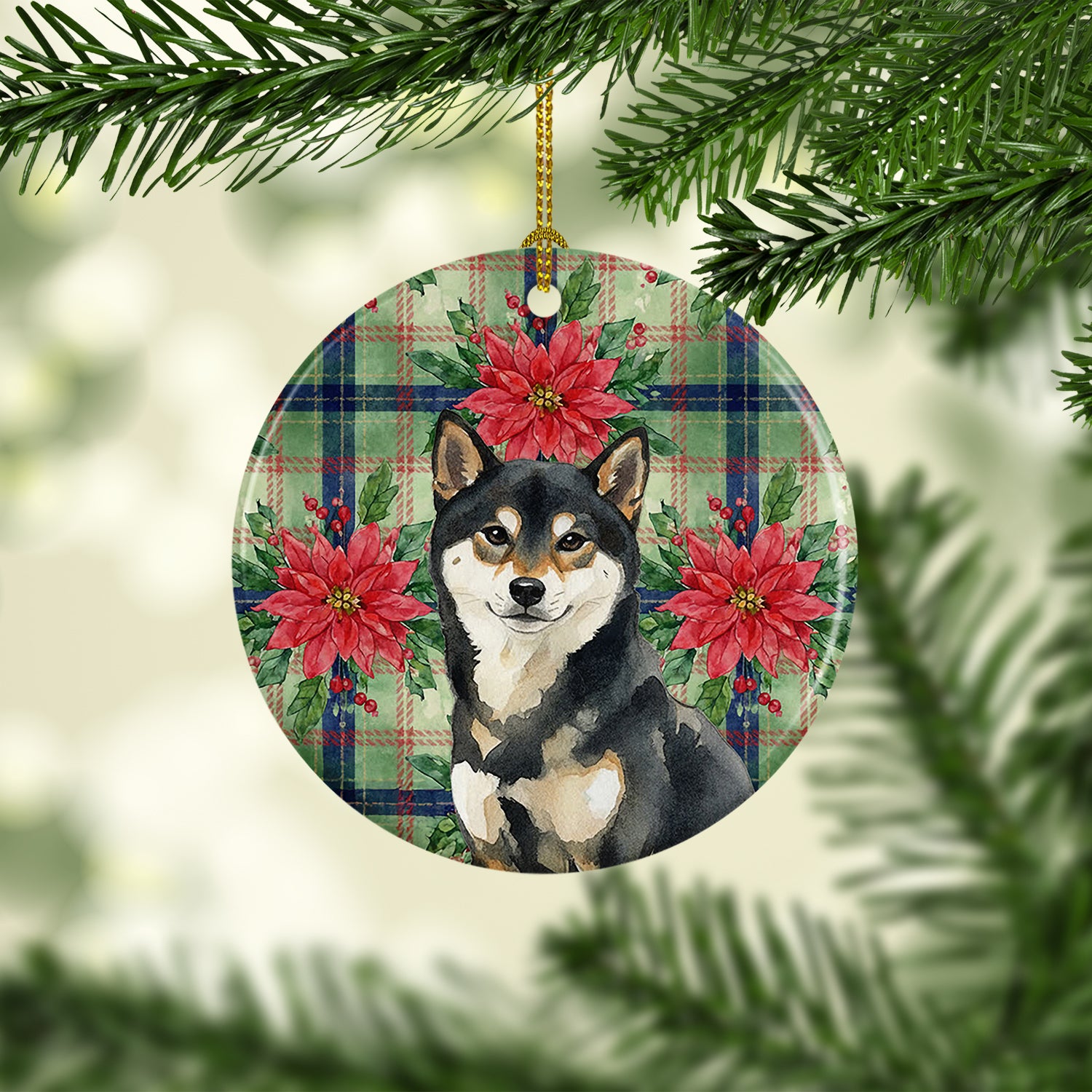 Caroline's Treasures Black and Tan Shiba Inu Christmas PoinsettIas Ceramic Ornament