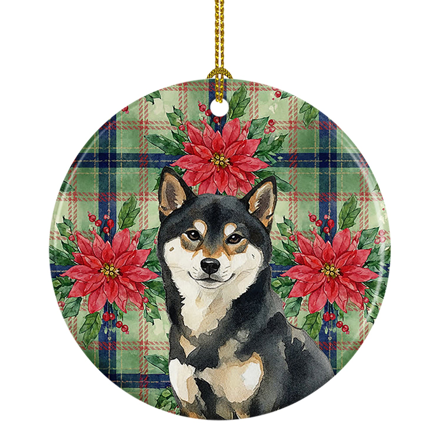 Caroline's Treasures Black and Tan Shiba Inu Christmas PoinsettIas Ceramic Ornament