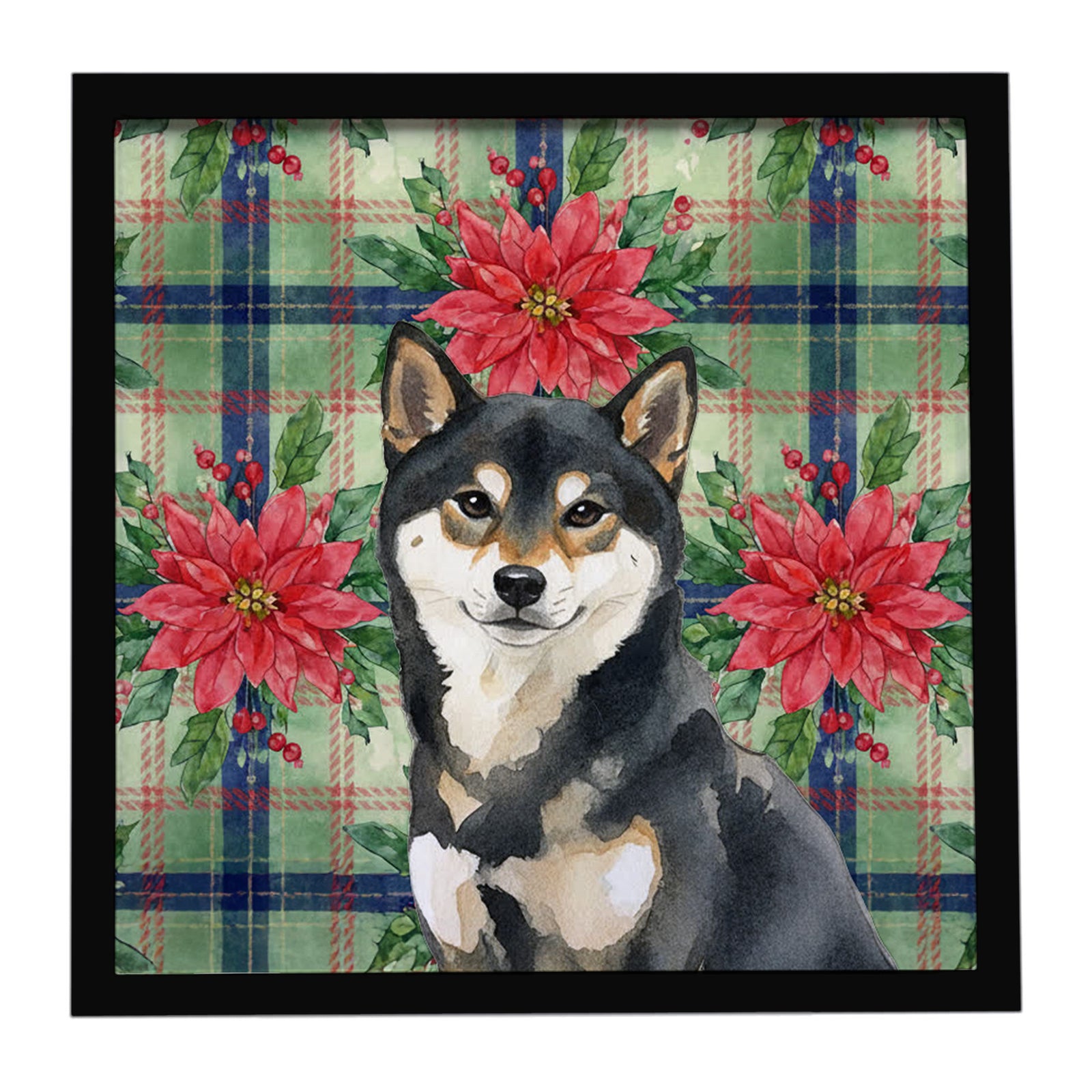 Caroline's Treasures Black and Tan Shiba Inu Christmas PoinsettIas Framed Metal Print