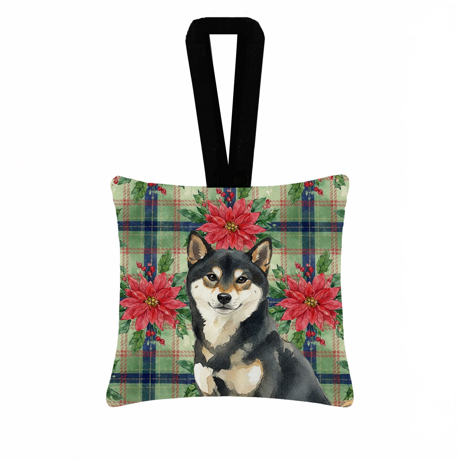 Caroline's Treasures Black and Tan Shiba Inu Christmas PoinsettIas Hanging Square Fabric Ornament 3.5 x 3.5