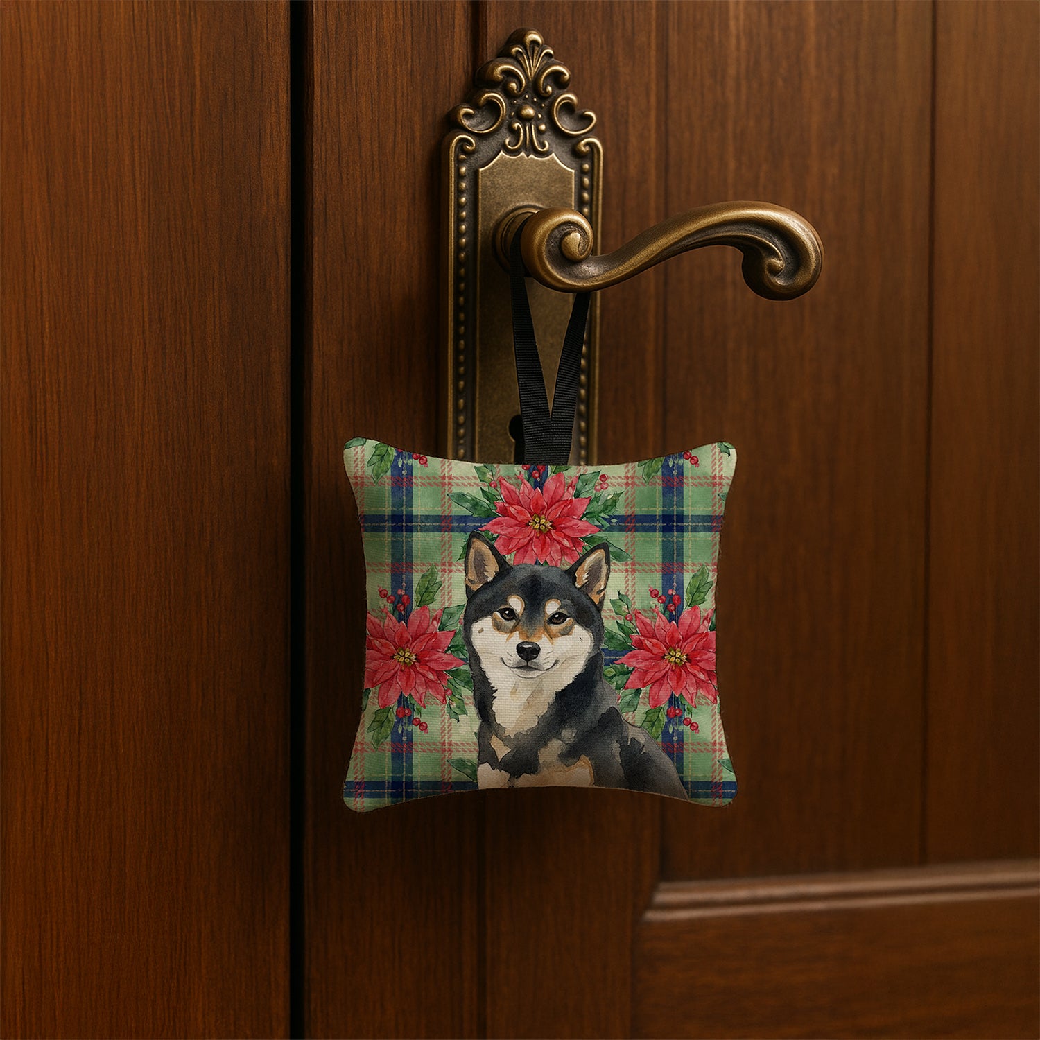 Caroline's Treasures Black and Tan Shiba Inu Christmas PoinsettIas Hanging Square Fabric Ornament 3.5 x 3.5