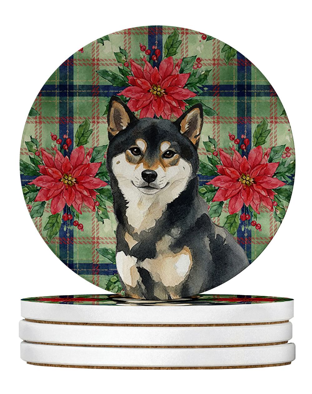 Caroline's Treasures Black and Tan Shiba Inu Christmas PoinsettIas Large Sandstone Coasters Pack of 4