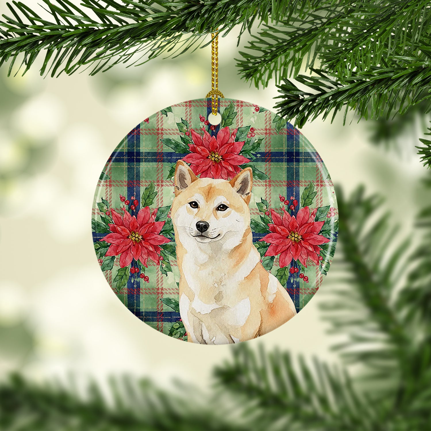 Caroline's Treasures Cream Shiba Inu Christmas PoinsettIas Ceramic Ornament