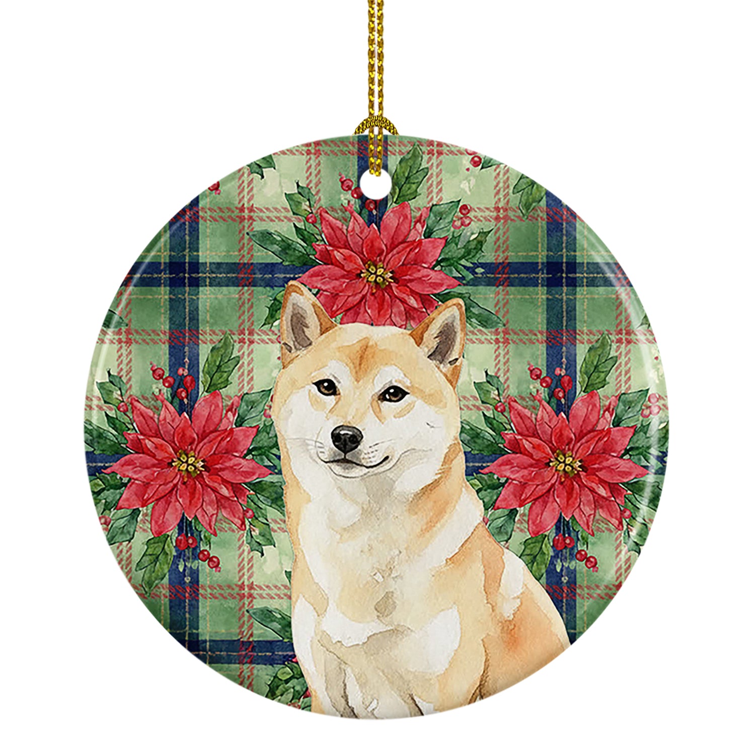 Caroline's Treasures Cream Shiba Inu Christmas PoinsettIas Ceramic Ornament