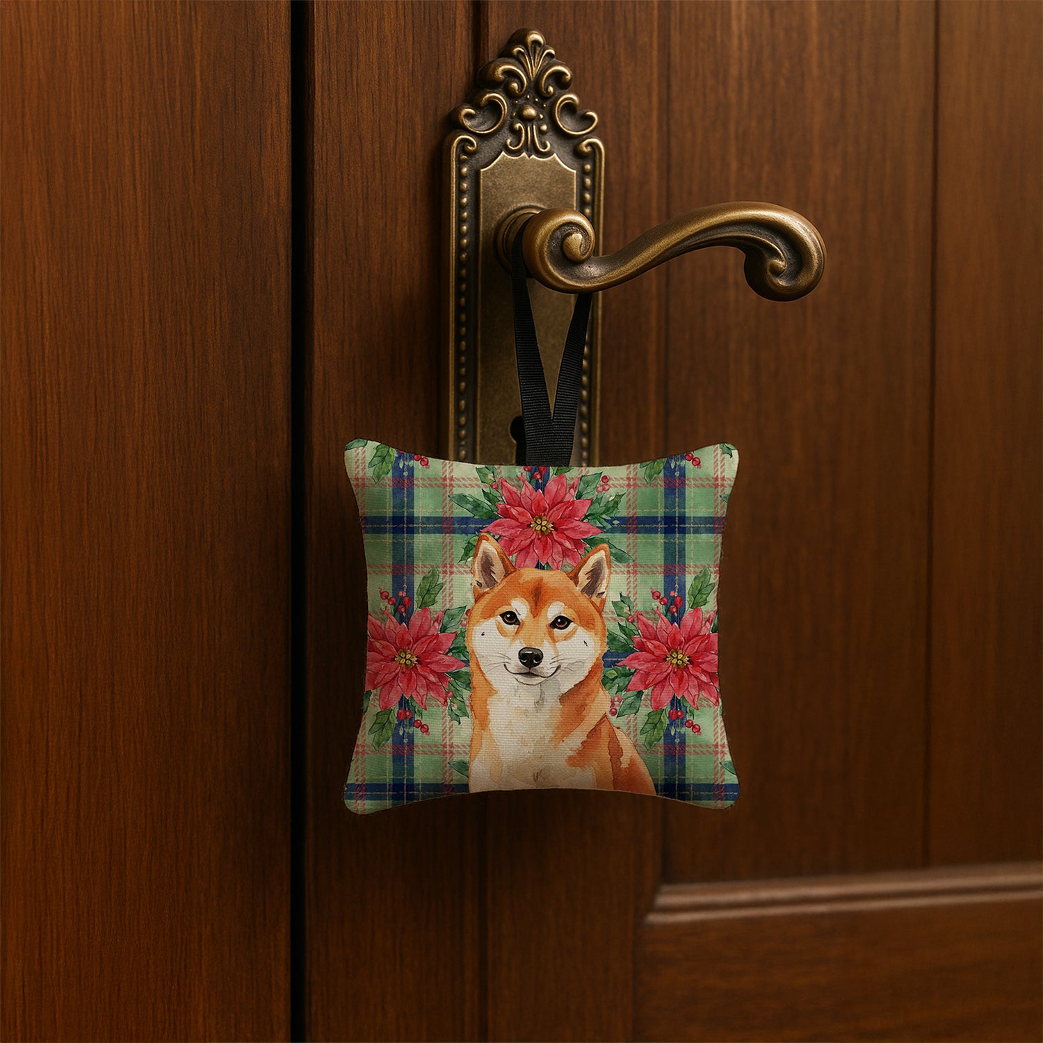 Caroline's Treasures Red Shiba Inu Christmas PoinsettIas Hanging Square Fabric Ornament 3.5 x 3.5