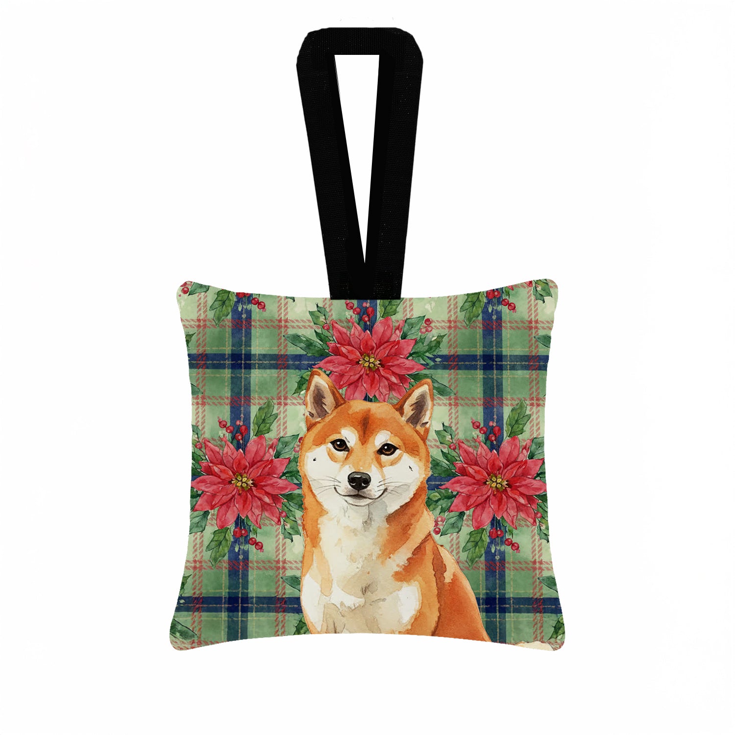Caroline's Treasures Red Shiba Inu Christmas PoinsettIas Hanging Square Fabric Ornament 3.5 x 3.5