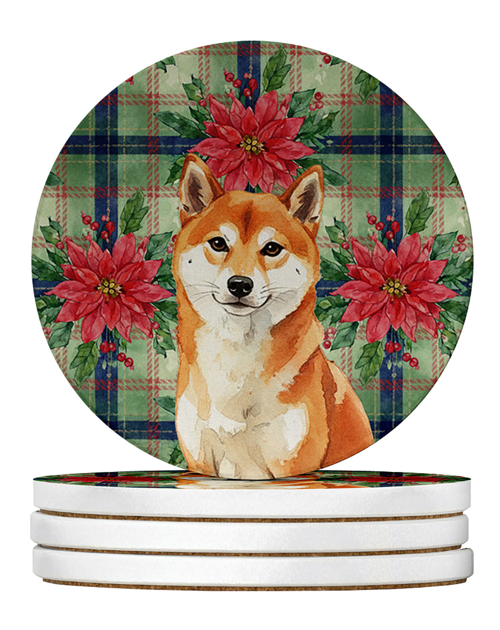 Caroline's Treasures Red Shiba Inu Christmas PoinsettIas Large Sandstone Coasters Pack of 4