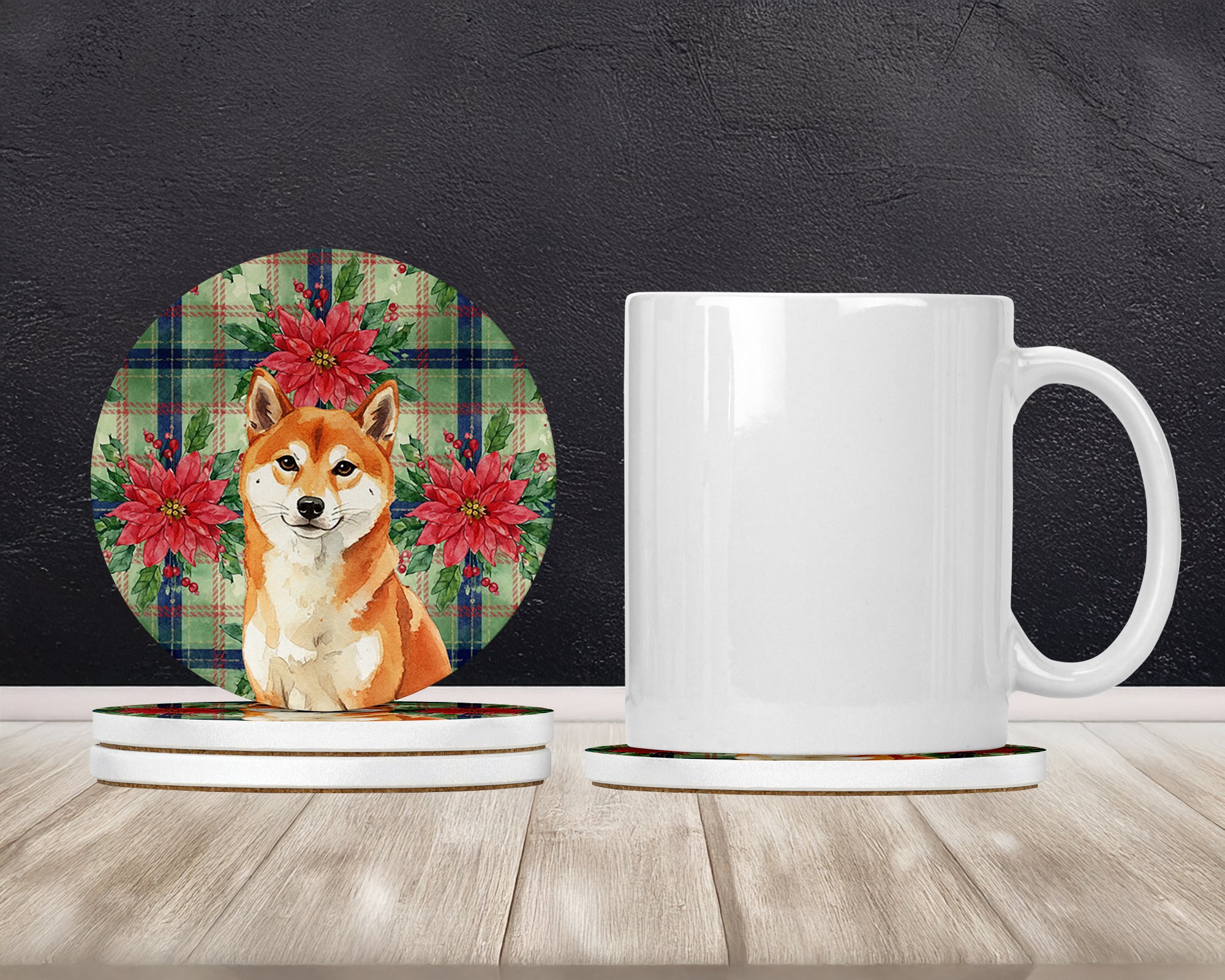 Caroline's Treasures Red Shiba Inu Christmas PoinsettIas Large Sandstone Coasters Pack of 4
