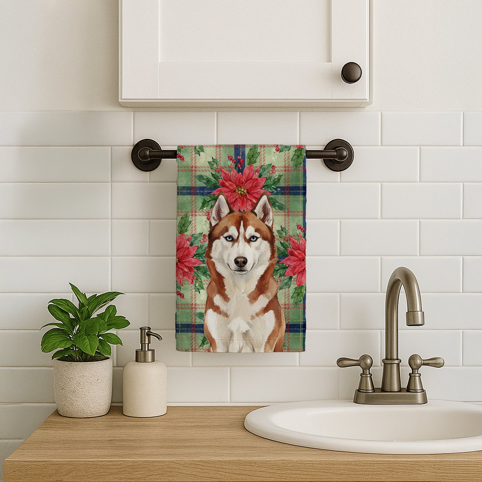 Caroline's Treasures Red and White Siberian Husky Christmas PoinsettIas Kitchen Towel