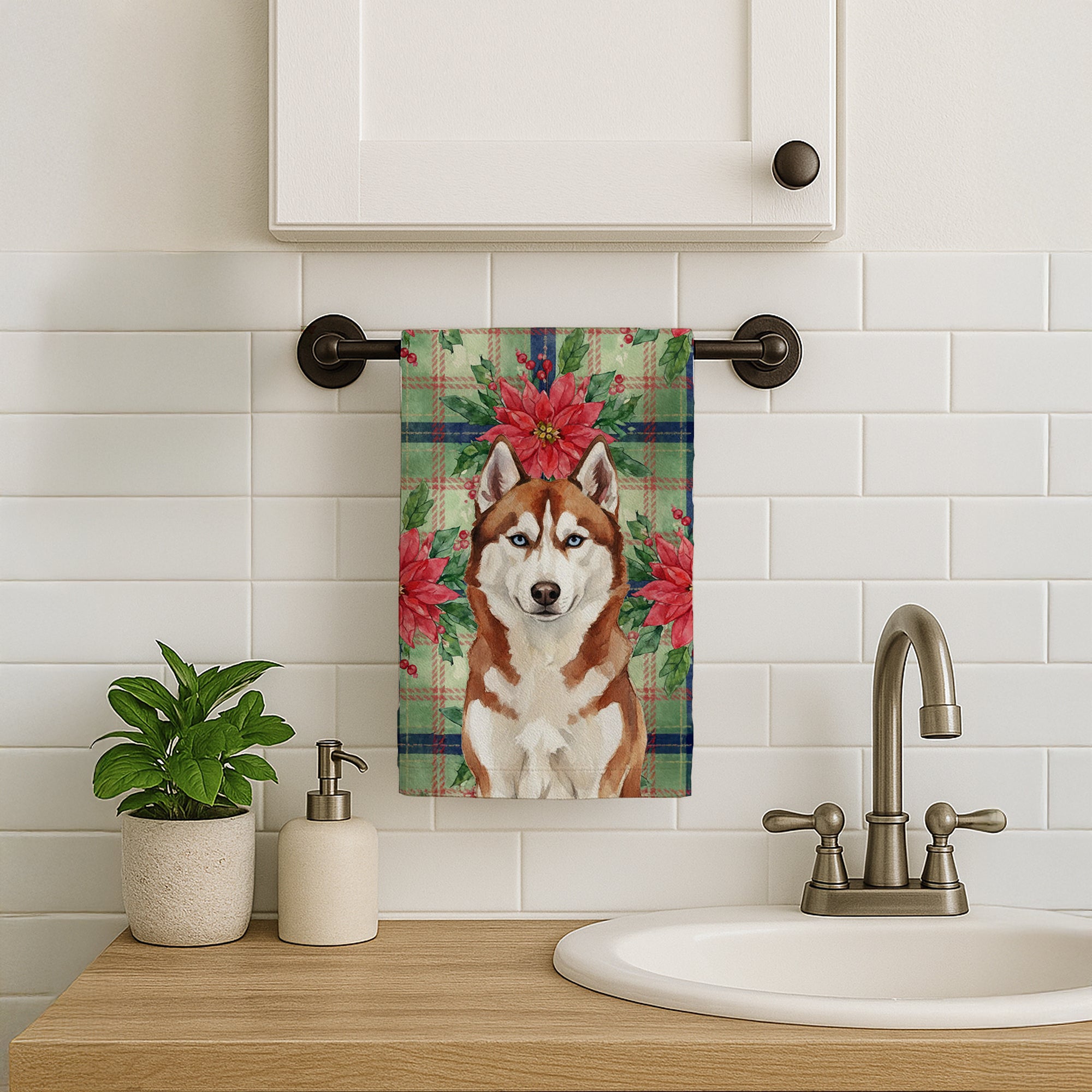 Caroline's Treasures Red and White Siberian Husky Christmas PoinsettIas Kitchen Towel