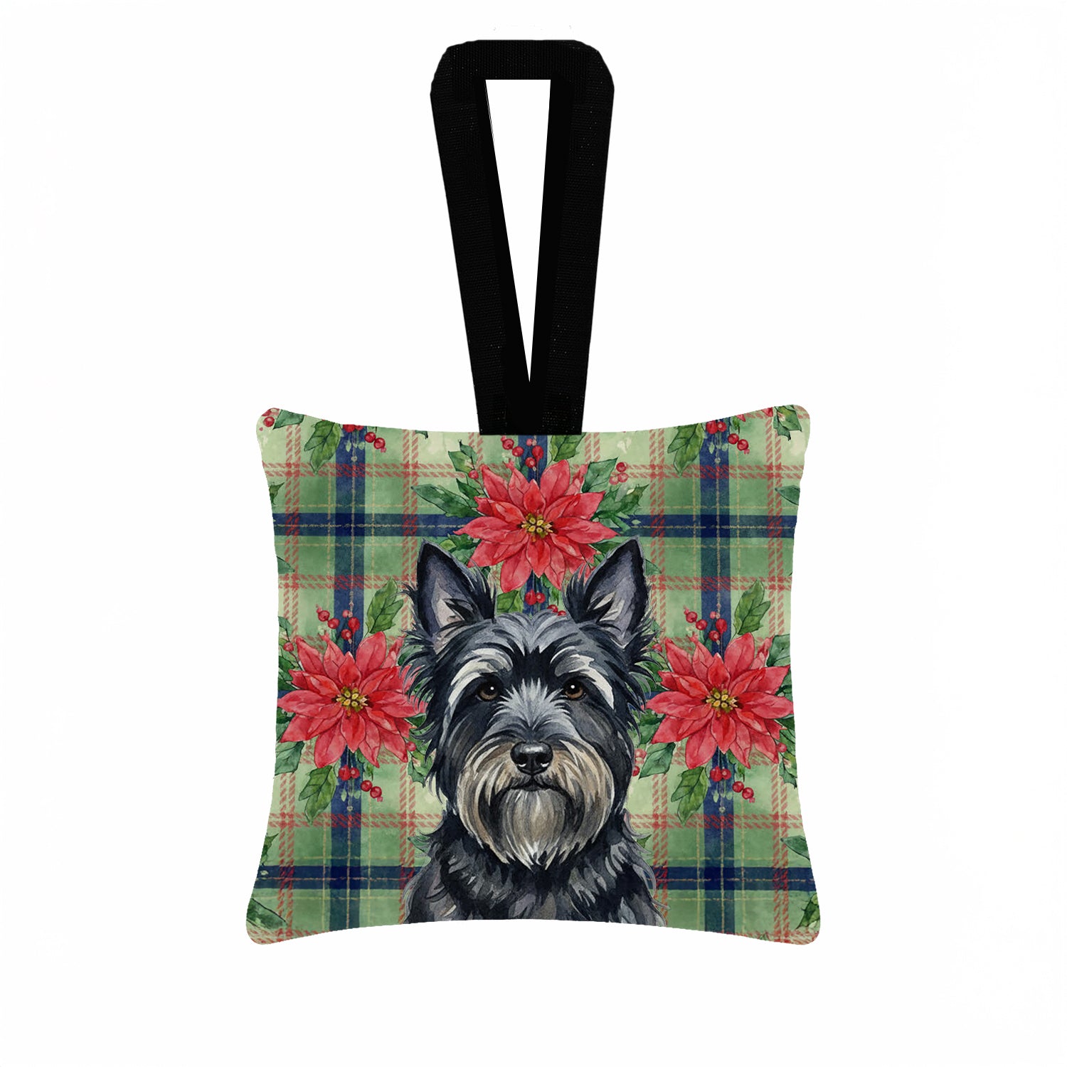 Caroline's Treasures Black Skye Terrier Christmas PoinsettIas Hanging Square Fabric Ornament 3.5 x 3.5