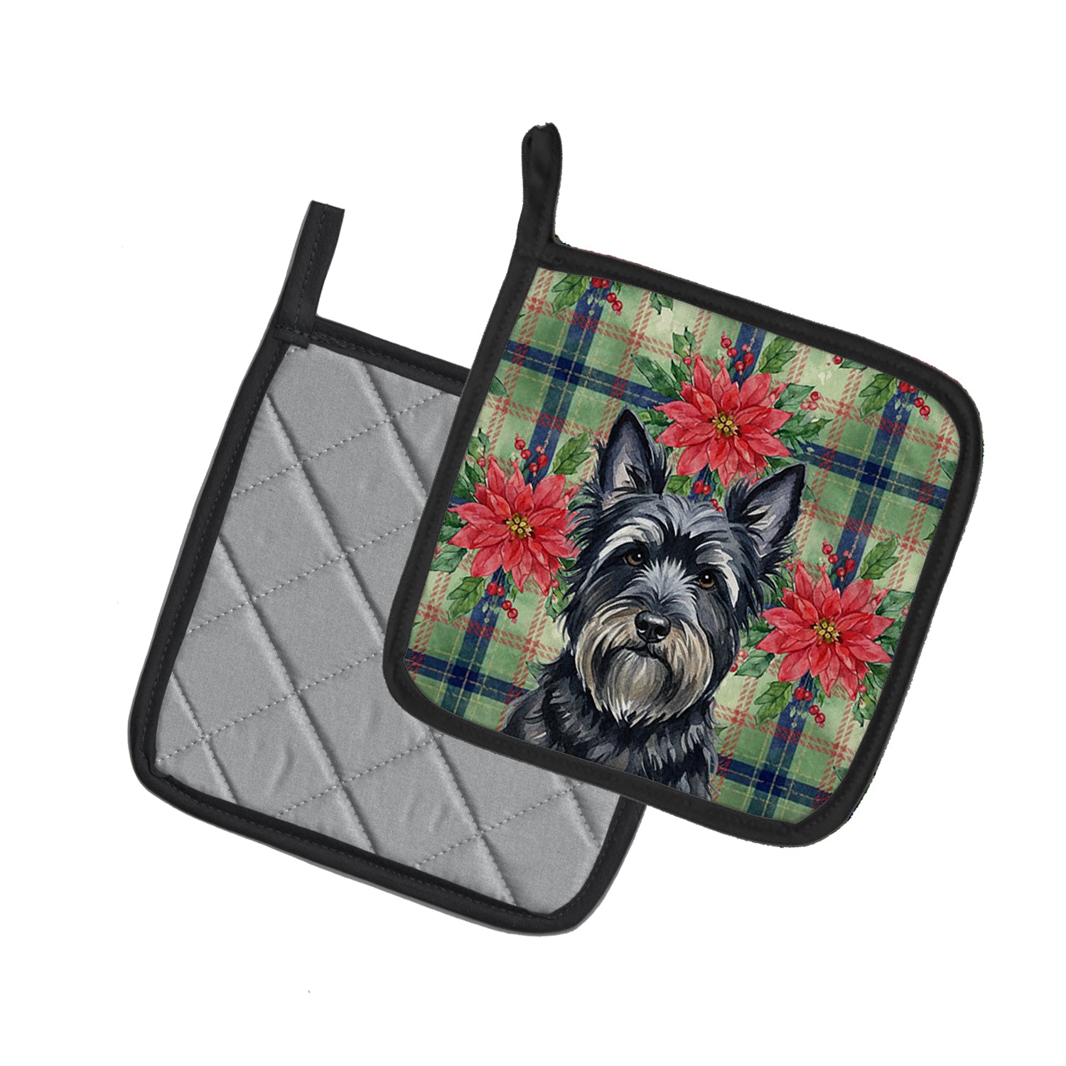 Caroline's Treasures Black Skye Terrier Christmas PoinsettIas Pair of Pot Holders