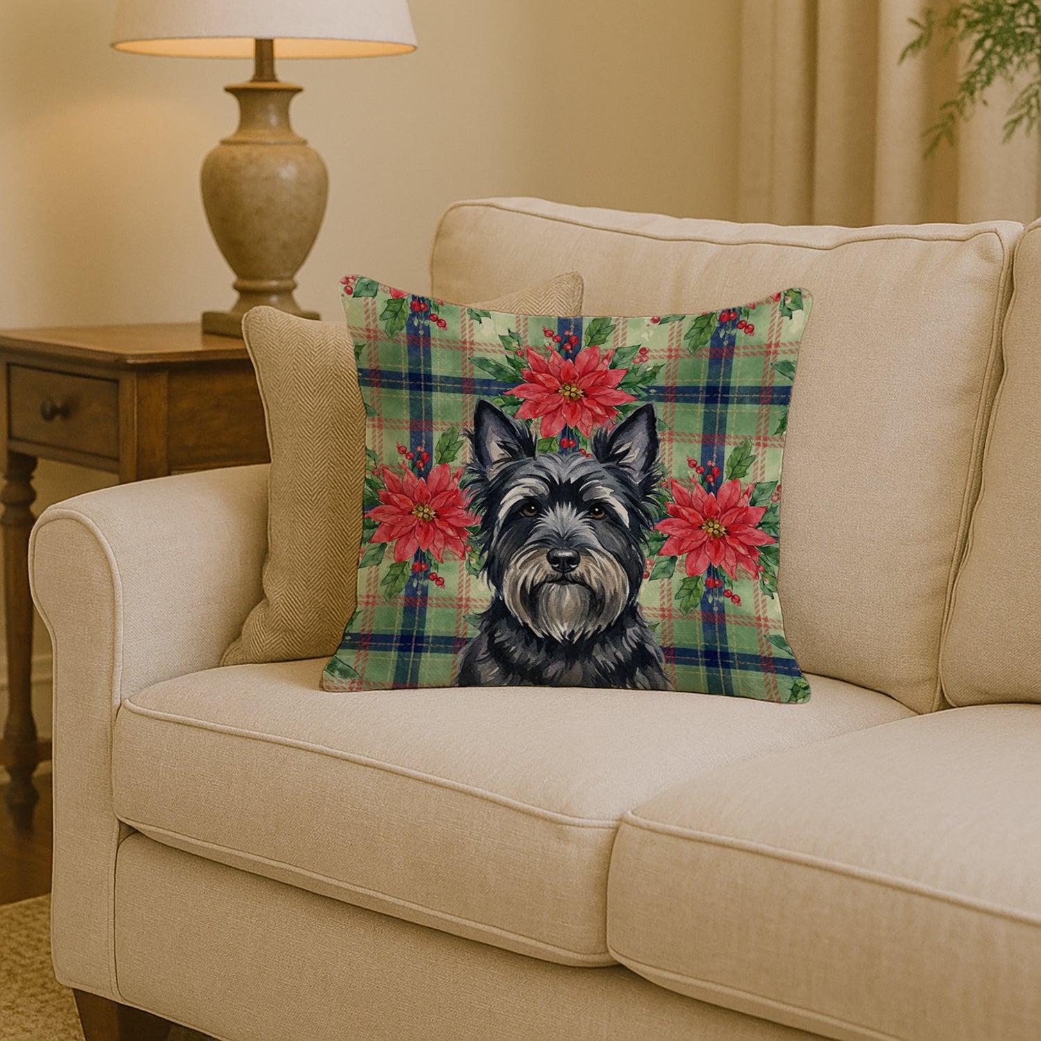 Caroline's Treasures Black Skye Terrier Christmas PoinsettIas Throw Pillow