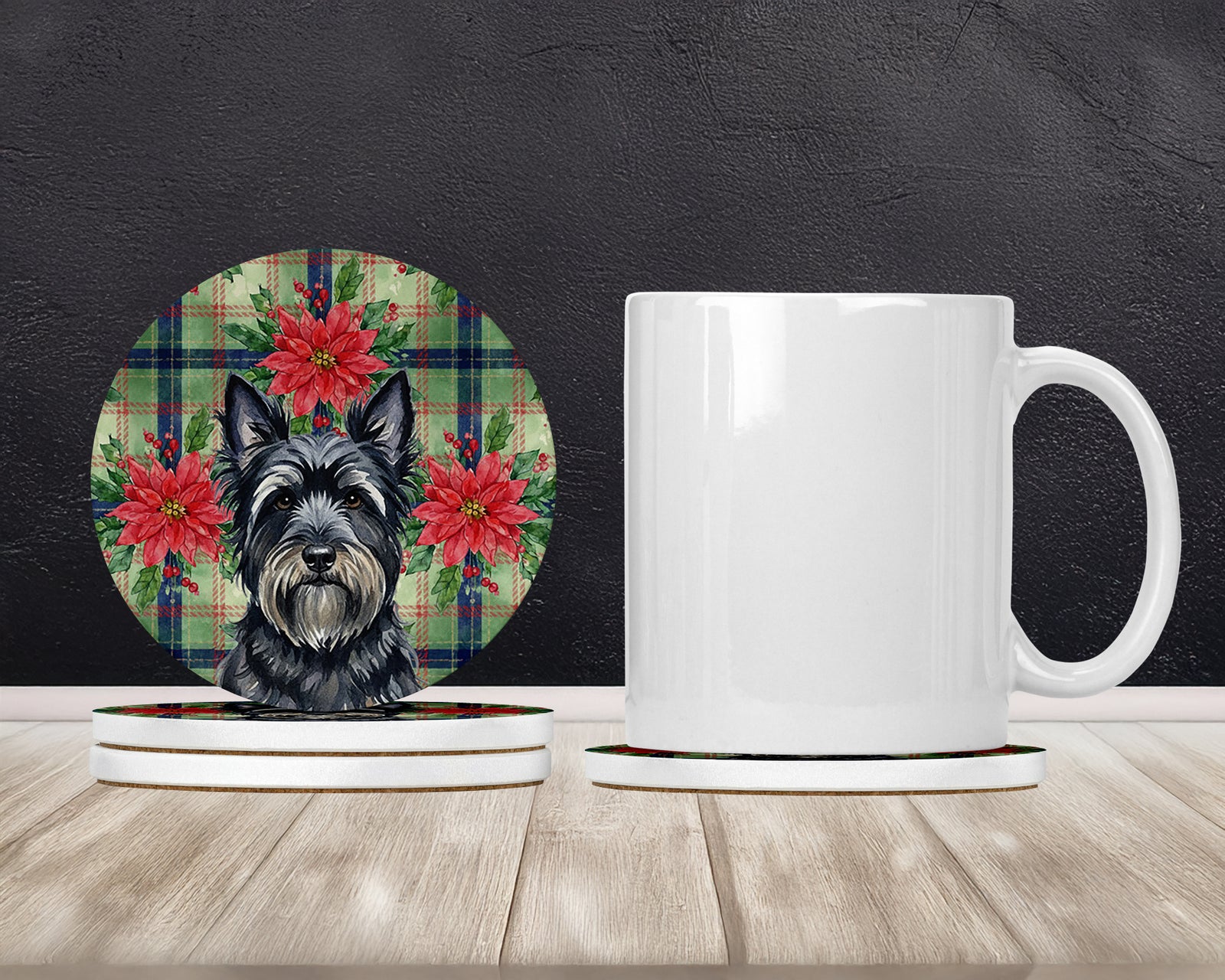 Caroline's Treasures Black Skye Terrier Christmas PoinsettIas Large Sandstone Coasters Pack of 4