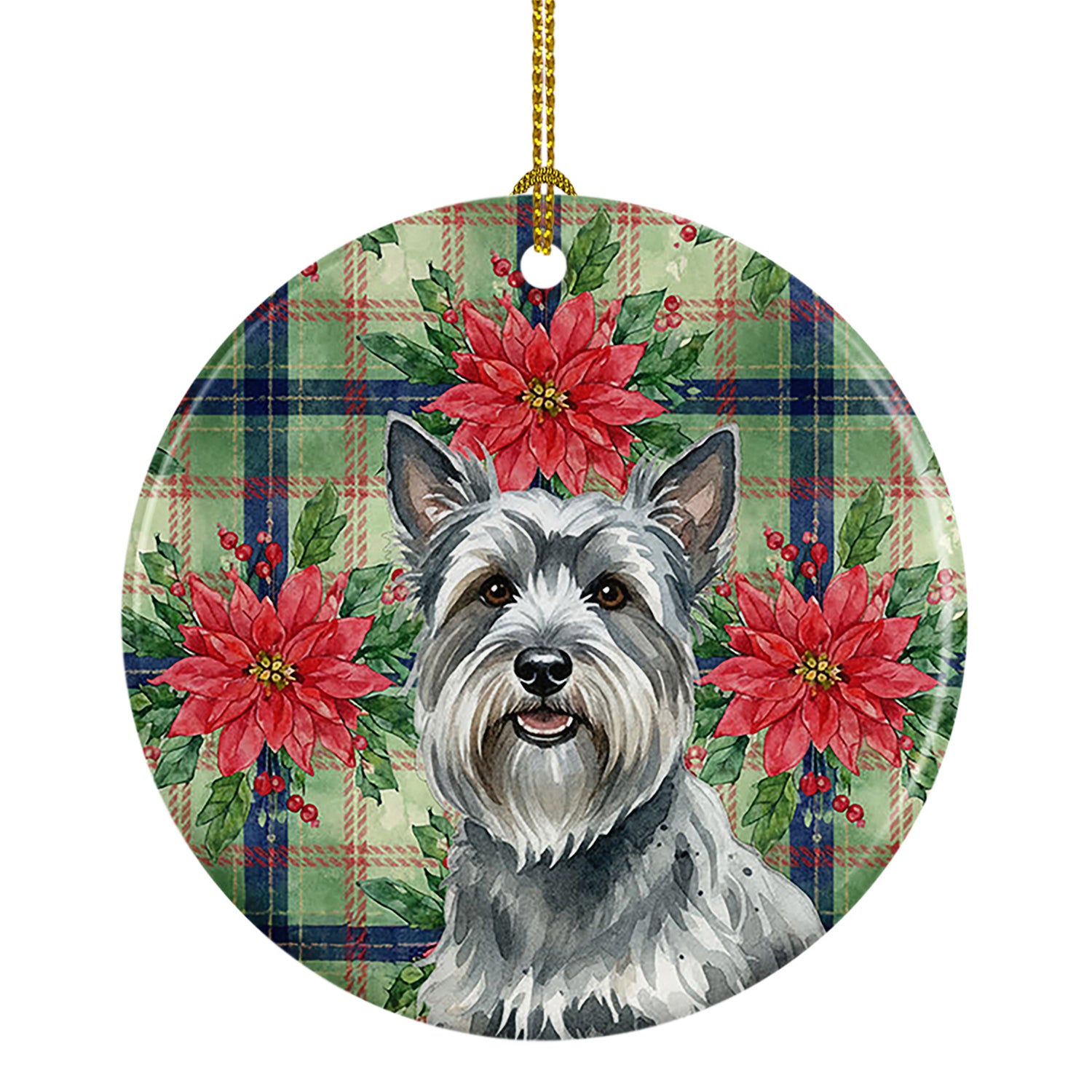 Caroline's Treasures Gray Skye Terrier Christmas PoinsettIas Ceramic Ornament