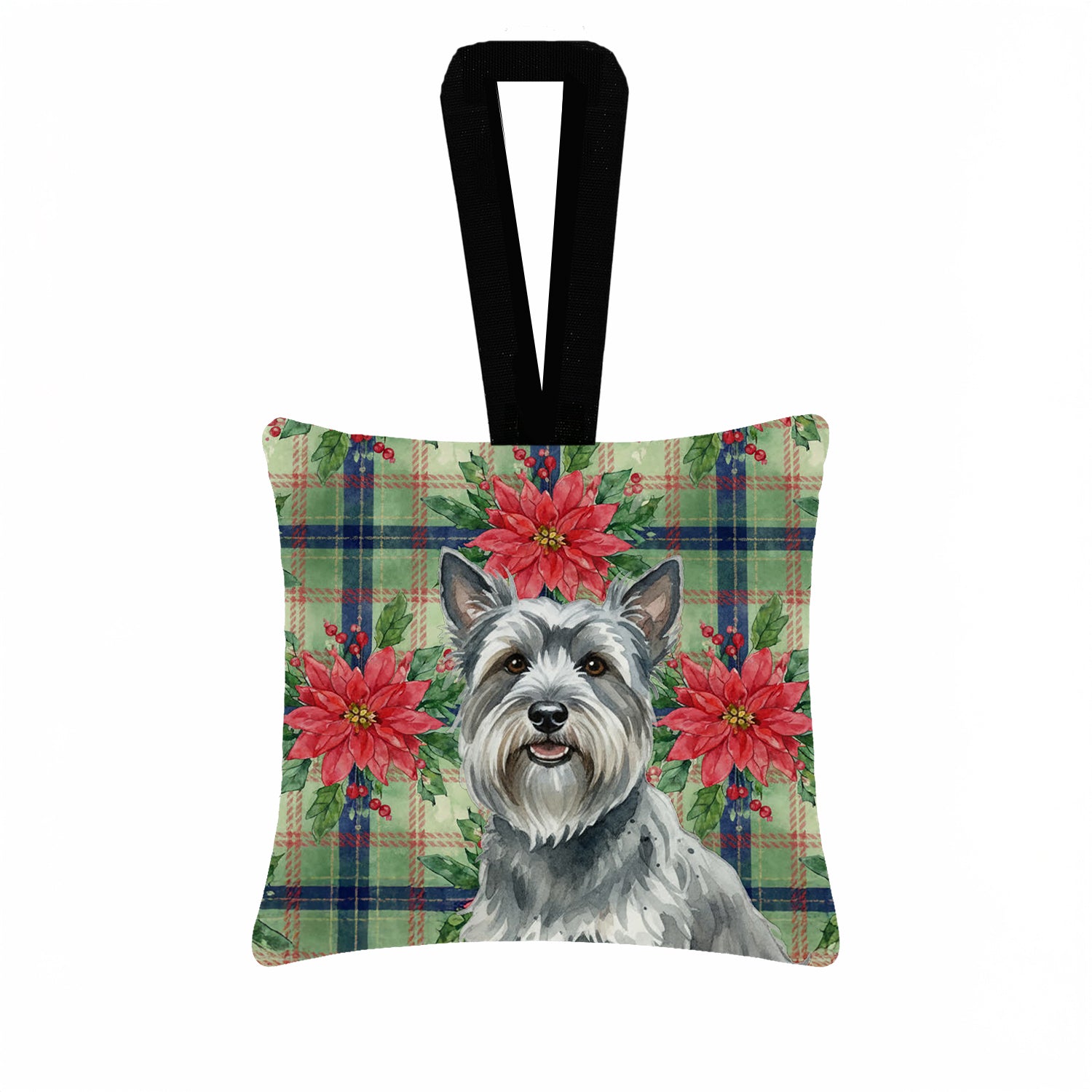 Caroline's Treasures Gray Skye Terrier Christmas PoinsettIas Hanging Square Fabric Ornament 3.5 x 3.5