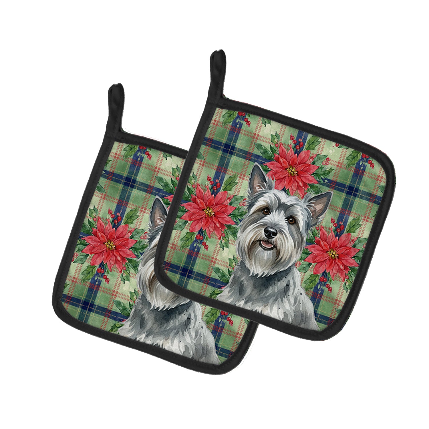 Caroline's Treasures Gray Skye Terrier Christmas PoinsettIas Pair of Pot Holders