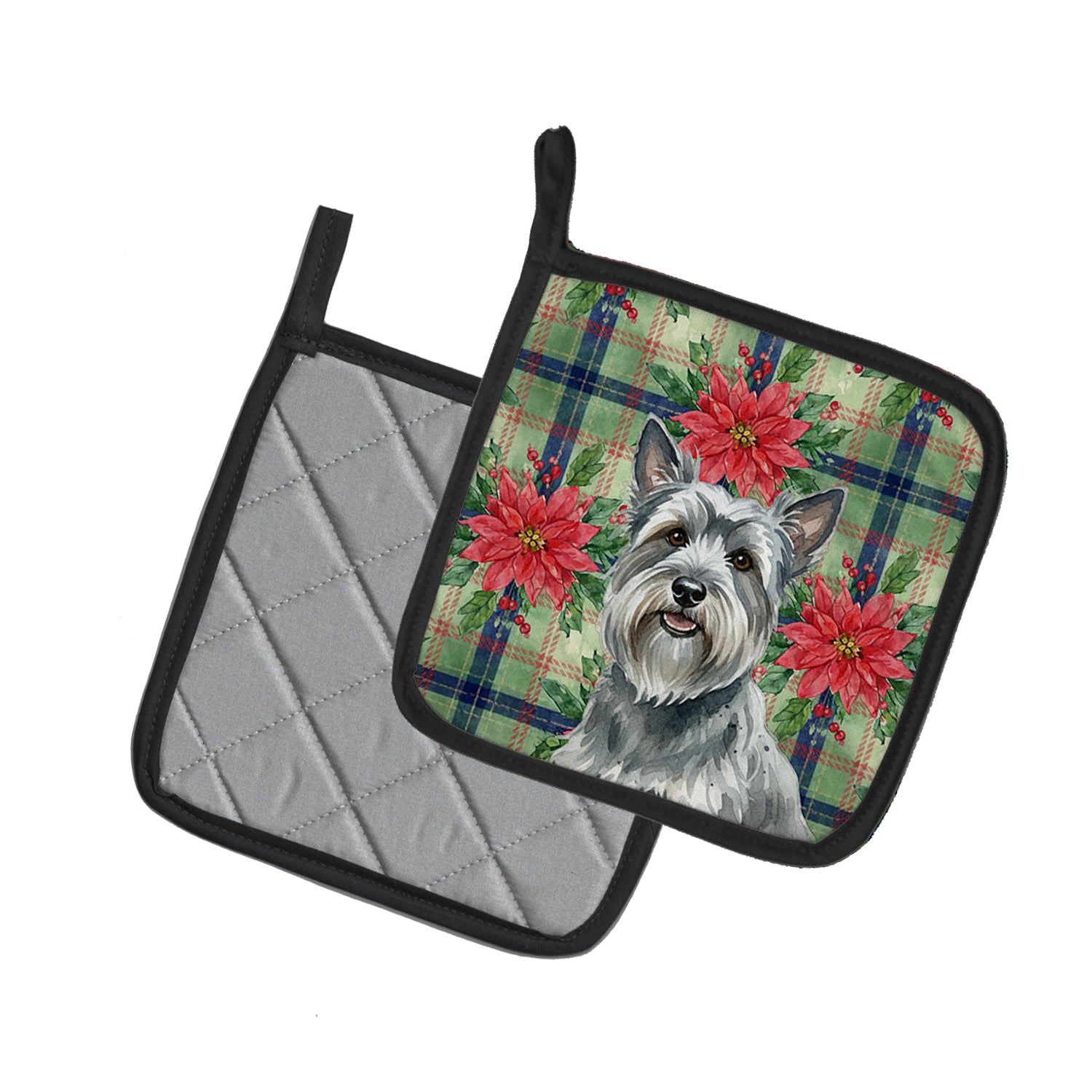 Caroline's Treasures Gray Skye Terrier Christmas PoinsettIas Pair of Pot Holders