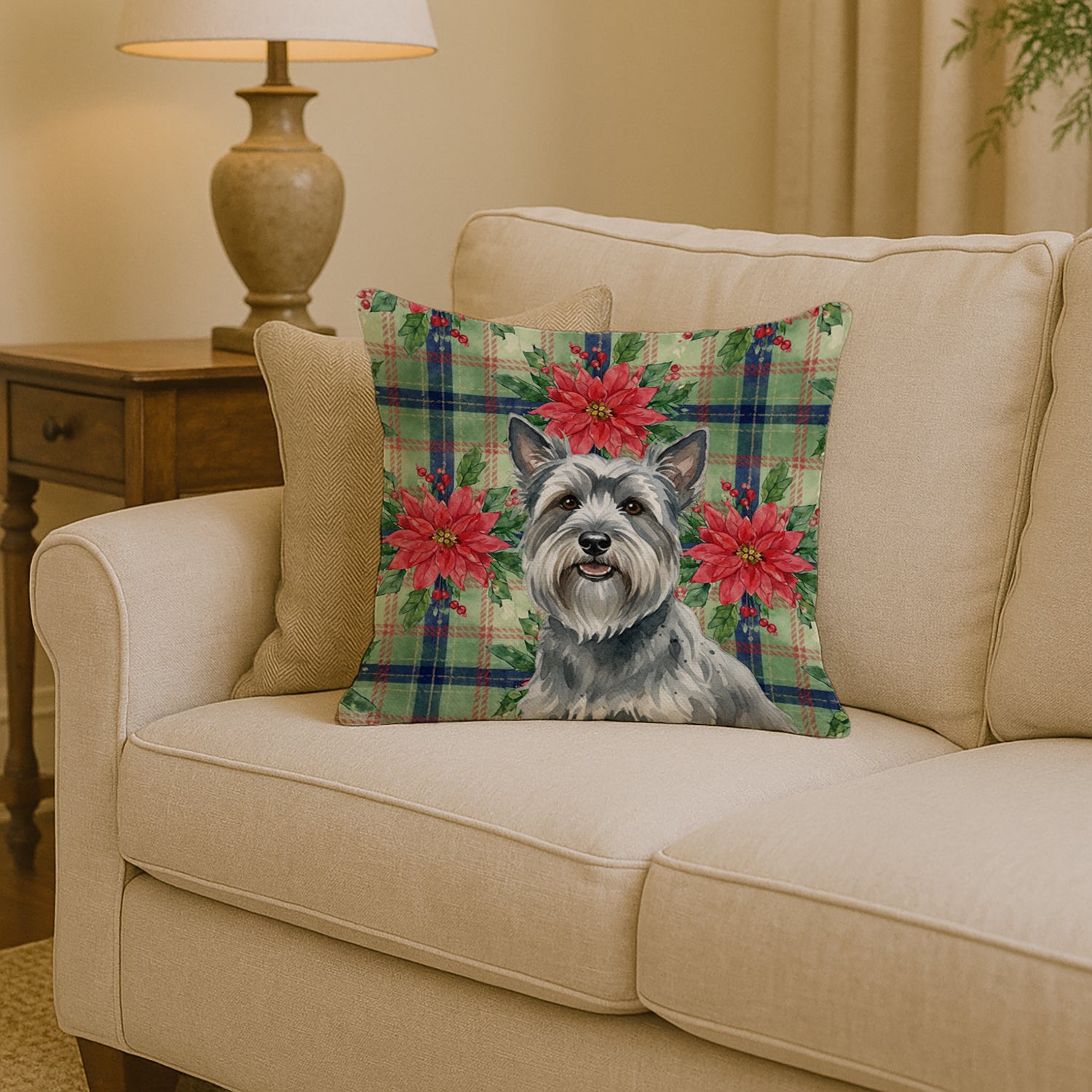 Caroline's Treasures Gray Skye Terrier Christmas PoinsettIas Throw Pillow