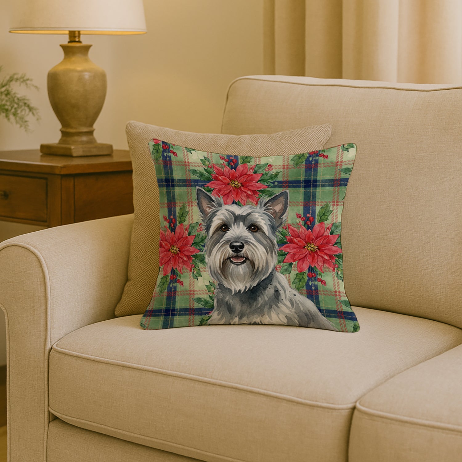 Caroline's Treasures Gray Skye Terrier Christmas PoinsettIas Throw Pillow
