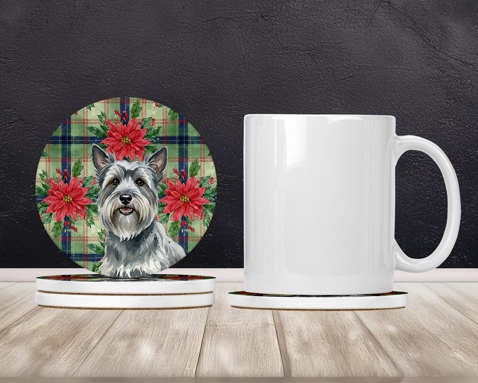 Caroline's Treasures Gray Skye Terrier Christmas PoinsettIas Large Sandstone Coasters Pack of 4