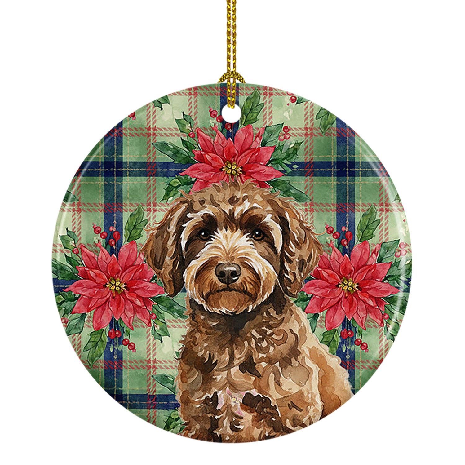 Caroline's Treasures Spanish Water Dog Christmas PoinsettIas Ceramic Ornament