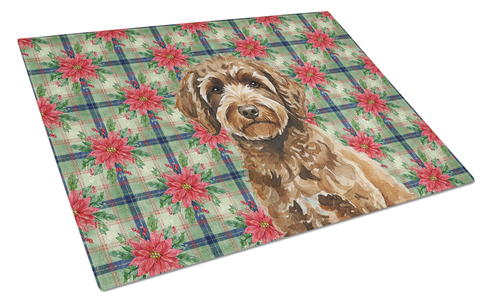 Caroline's Treasures Spanish Water Dog Christmas PoinsettIas Glass Cutting Board