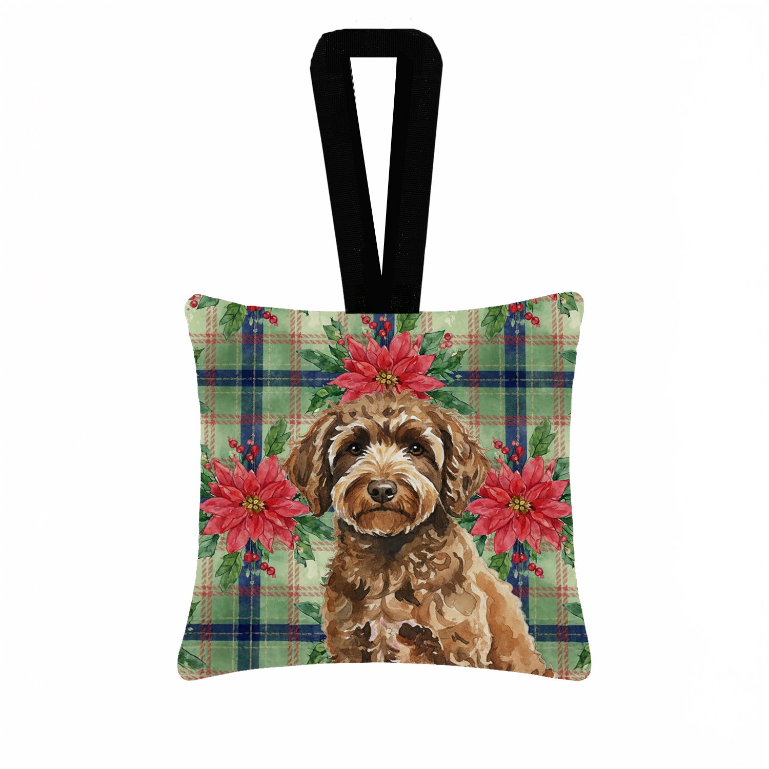 Caroline's Treasures Spanish Water Dog Christmas PoinsettIas Hanging Square Fabric Ornament 3.5 x 3.5