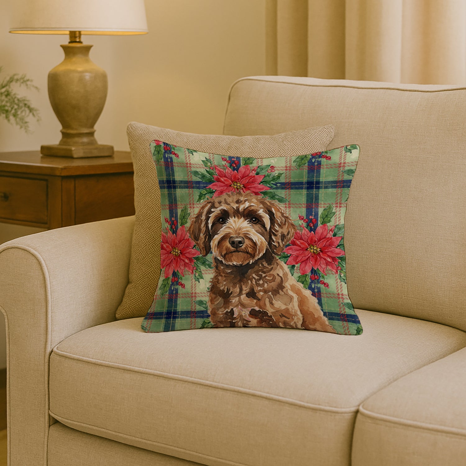 Caroline's Treasures Spanish Water Dog Christmas PoinsettIas Throw Pillow