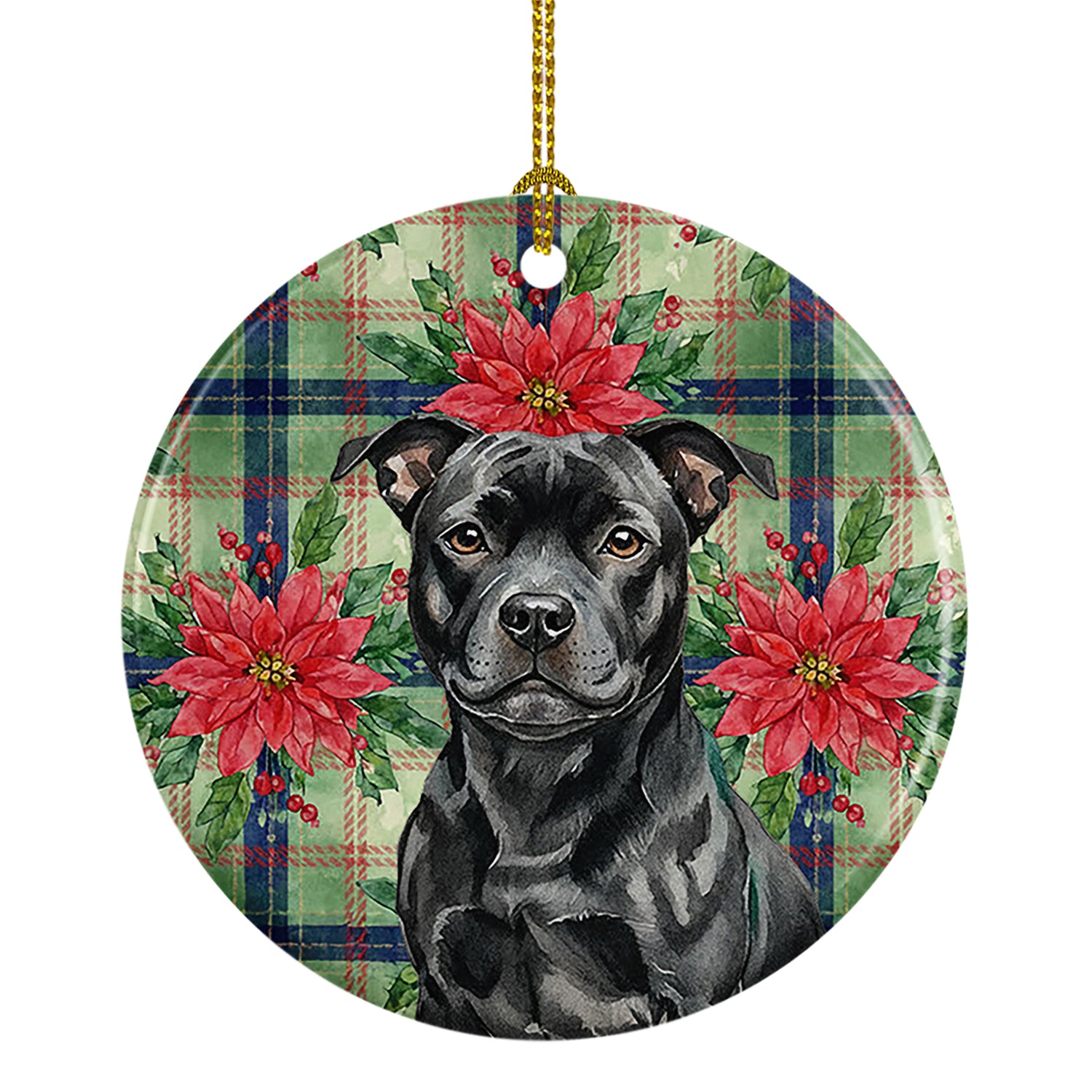 Caroline's Treasures Black Staffordshire Bull Terrier Christmas PoinsettIas Ceramic Ornament
