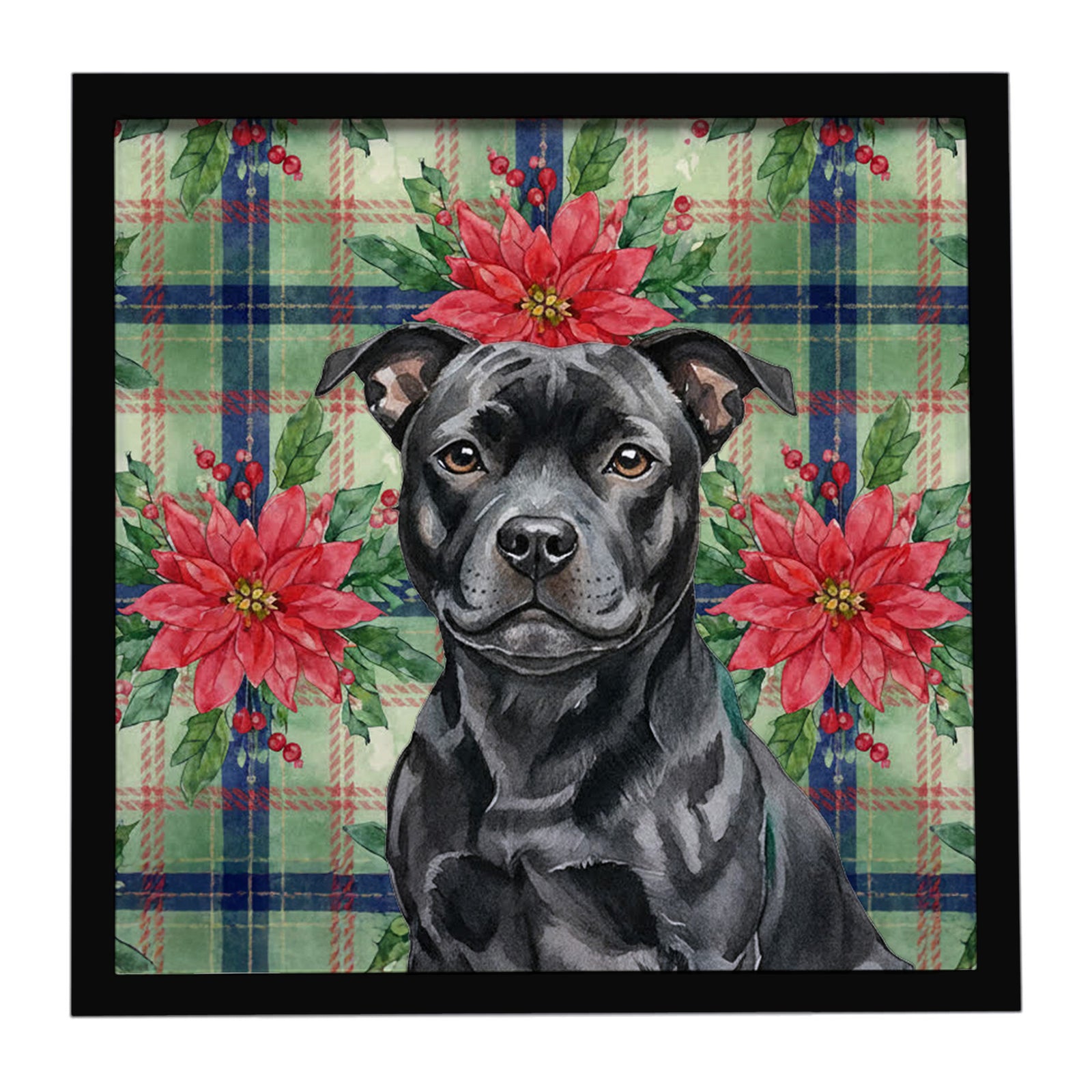 Caroline's Treasures Black Staffordshire Bull Terrier Christmas PoinsettIas Framed Metal Print