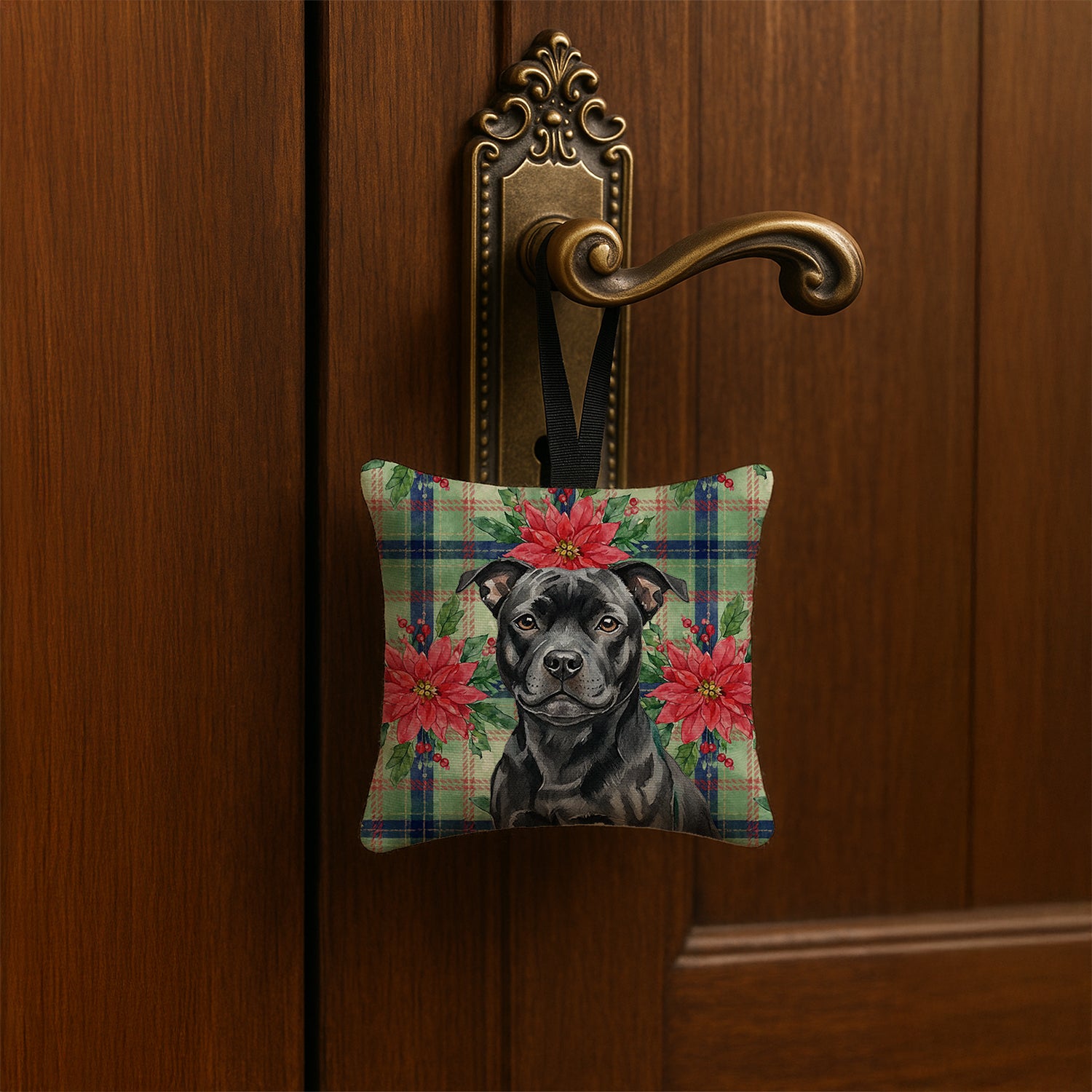 Caroline's Treasures Black Staffordshire Bull Terrier Christmas PoinsettIas Hanging Square Fabric Ornament 3.5 x 3.5