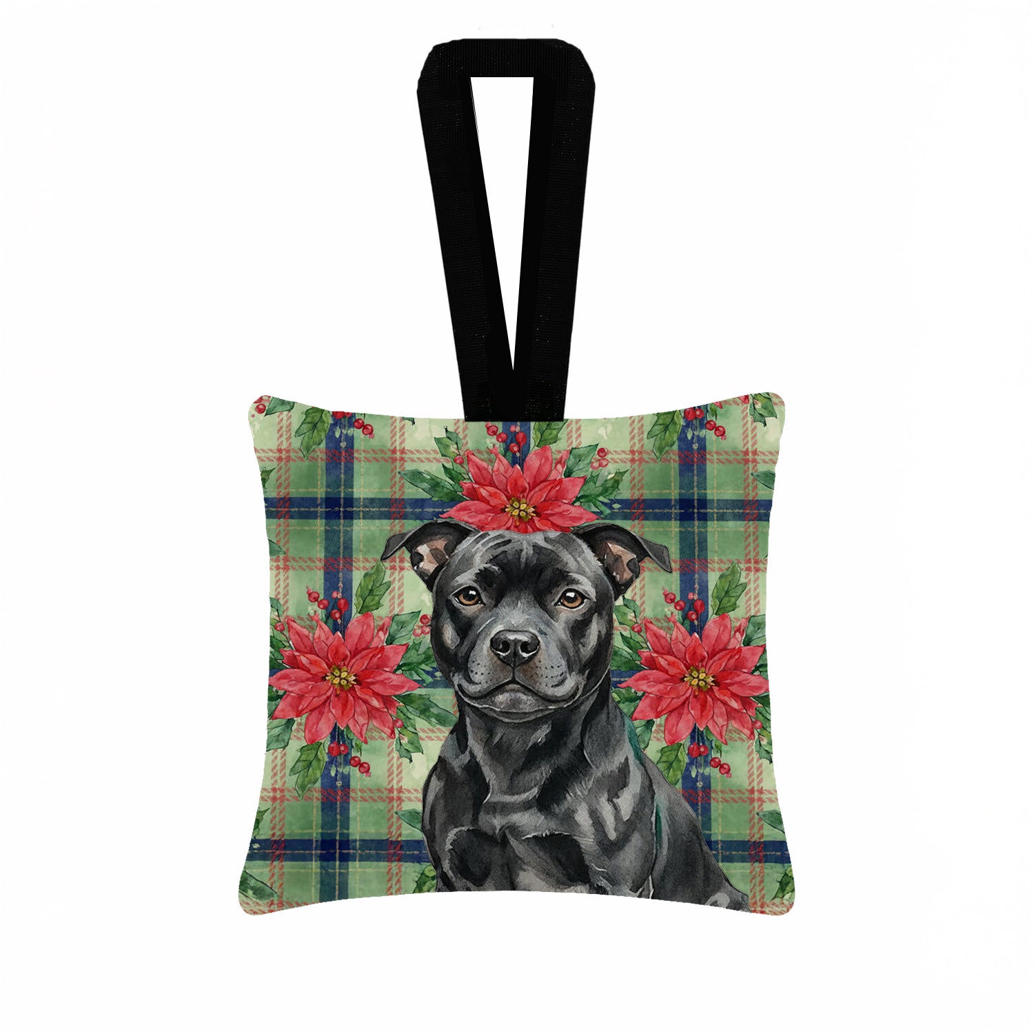 Caroline's Treasures Black Staffordshire Bull Terrier Christmas PoinsettIas Hanging Square Fabric Ornament 3.5 x 3.5