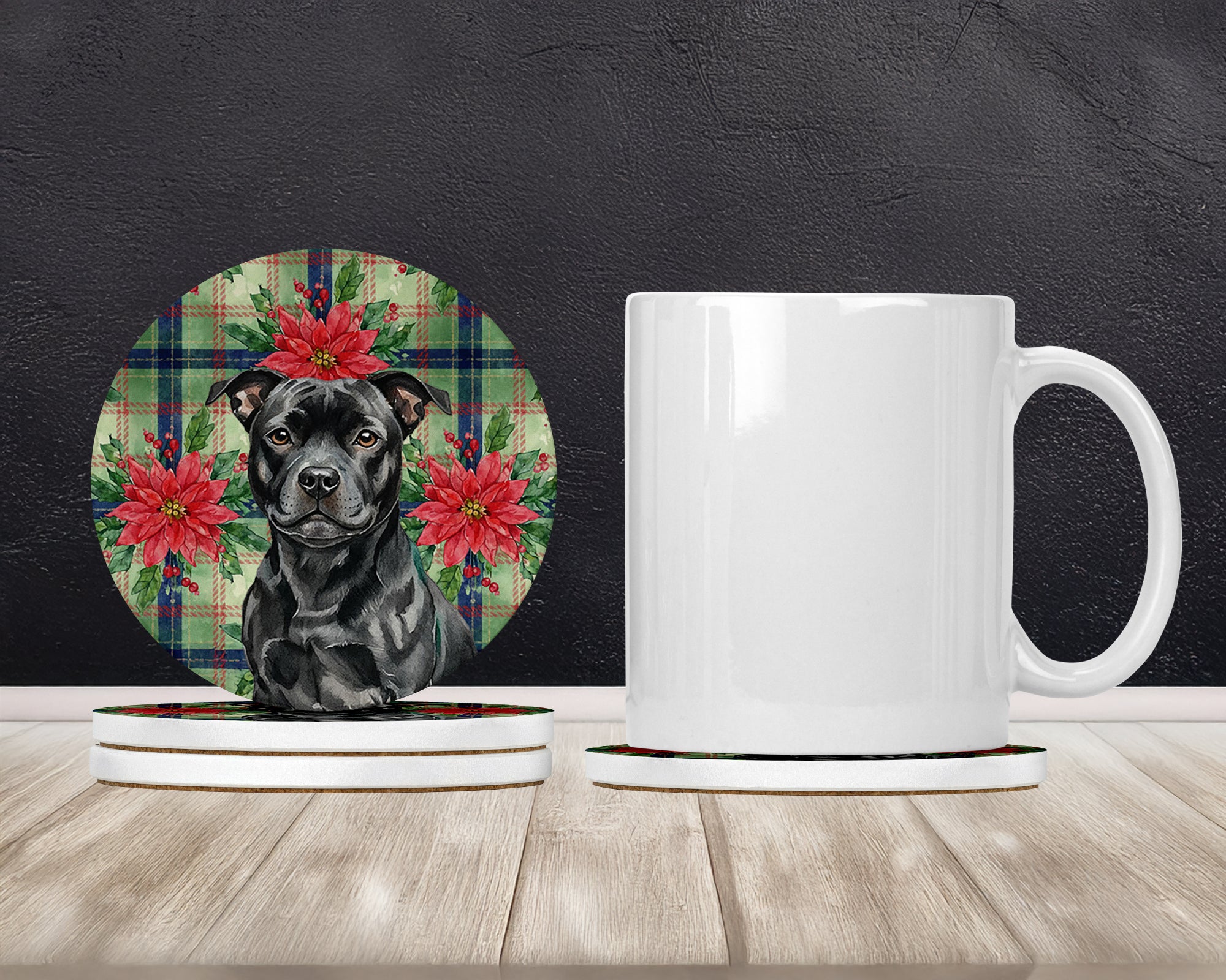 Caroline's Treasures Black Staffordshire Bull Terrier Christmas PoinsettIas Large Sandstone Coasters Pack of 4