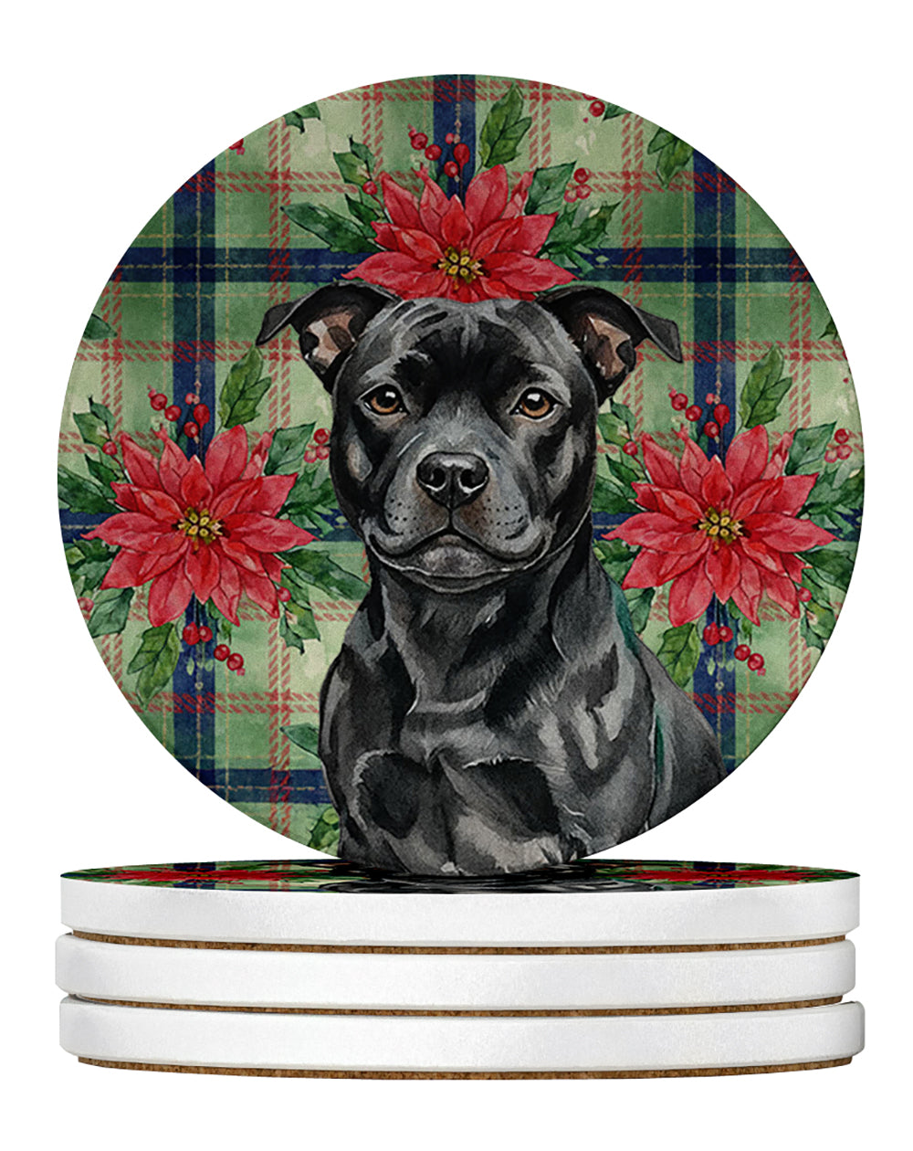 Caroline's Treasures Black Staffordshire Bull Terrier Christmas PoinsettIas Large Sandstone Coasters Pack of 4