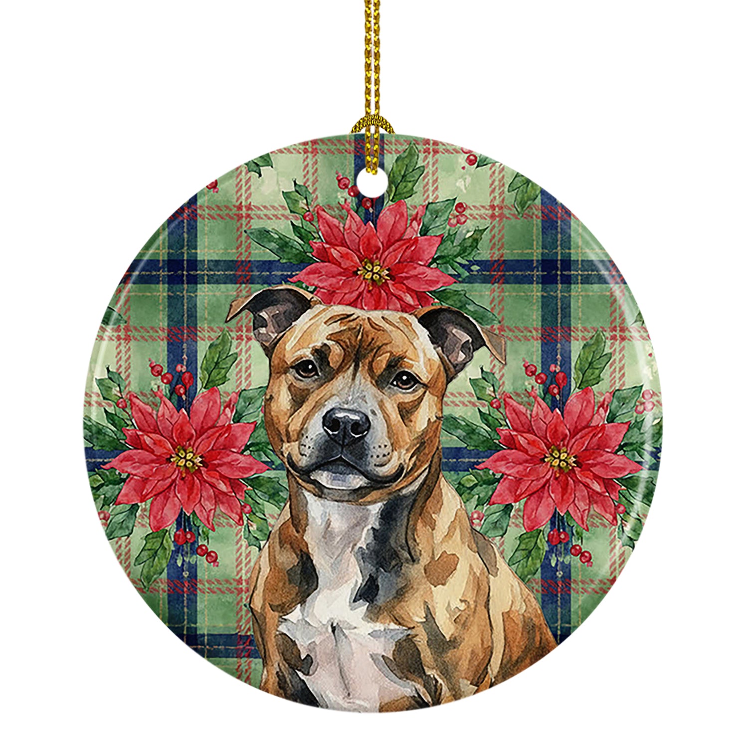 Caroline's Treasures Brindle Staffordshire Bull Terrier Christmas PoinsettIas Ceramic Ornament