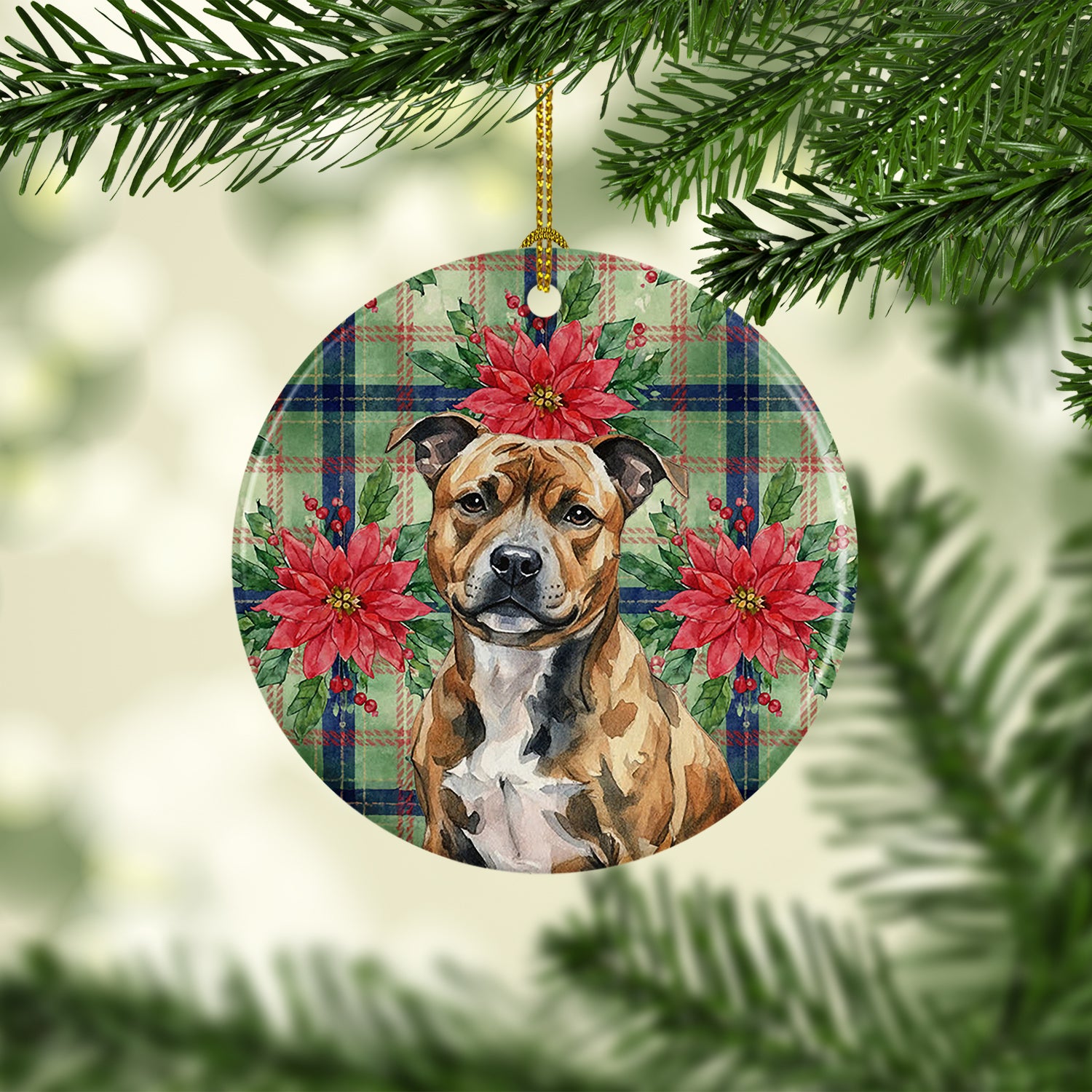 Caroline's Treasures Brindle Staffordshire Bull Terrier Christmas PoinsettIas Ceramic Ornament