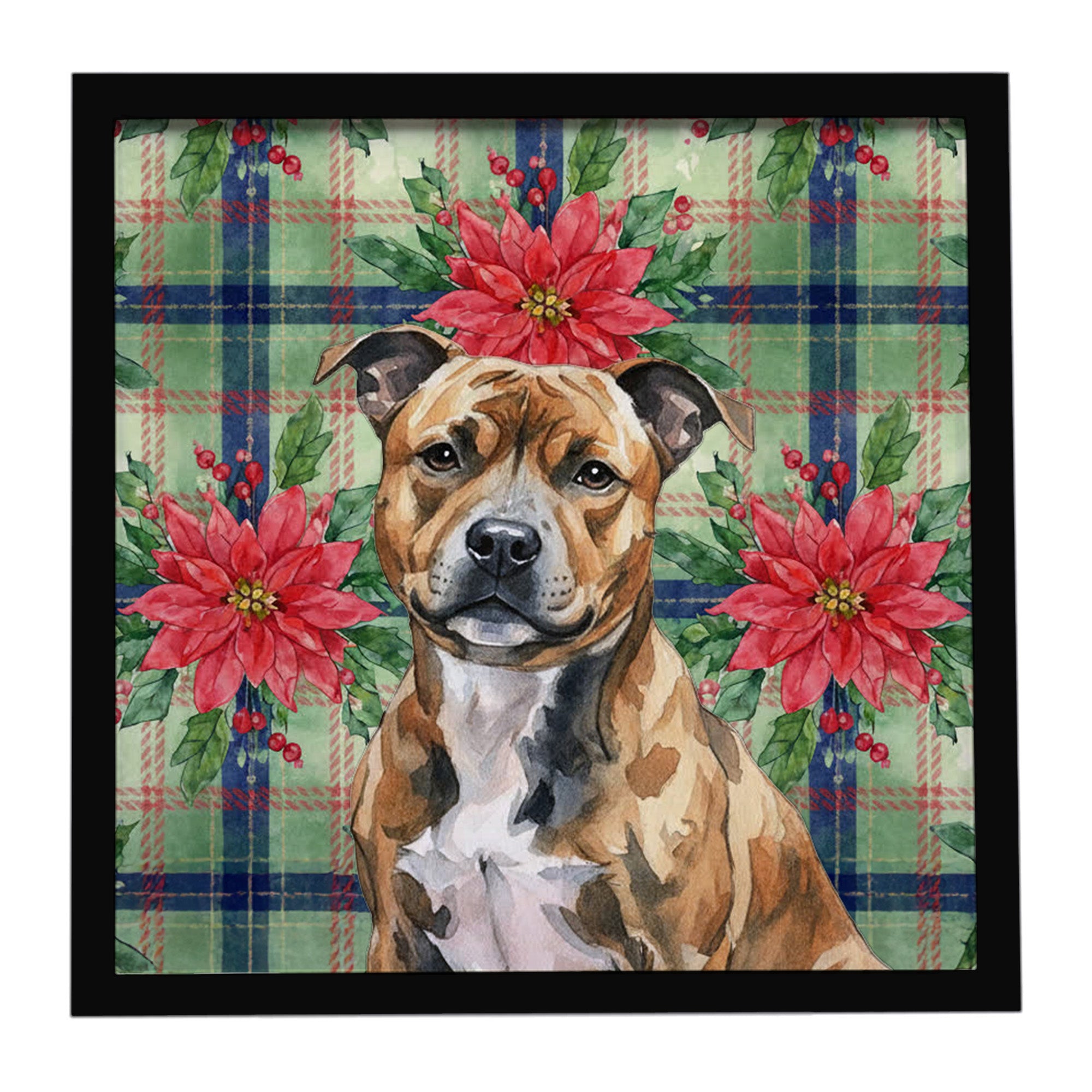 Caroline's Treasures Brindle Staffordshire Bull Terrier Christmas PoinsettIas Framed Metal Print