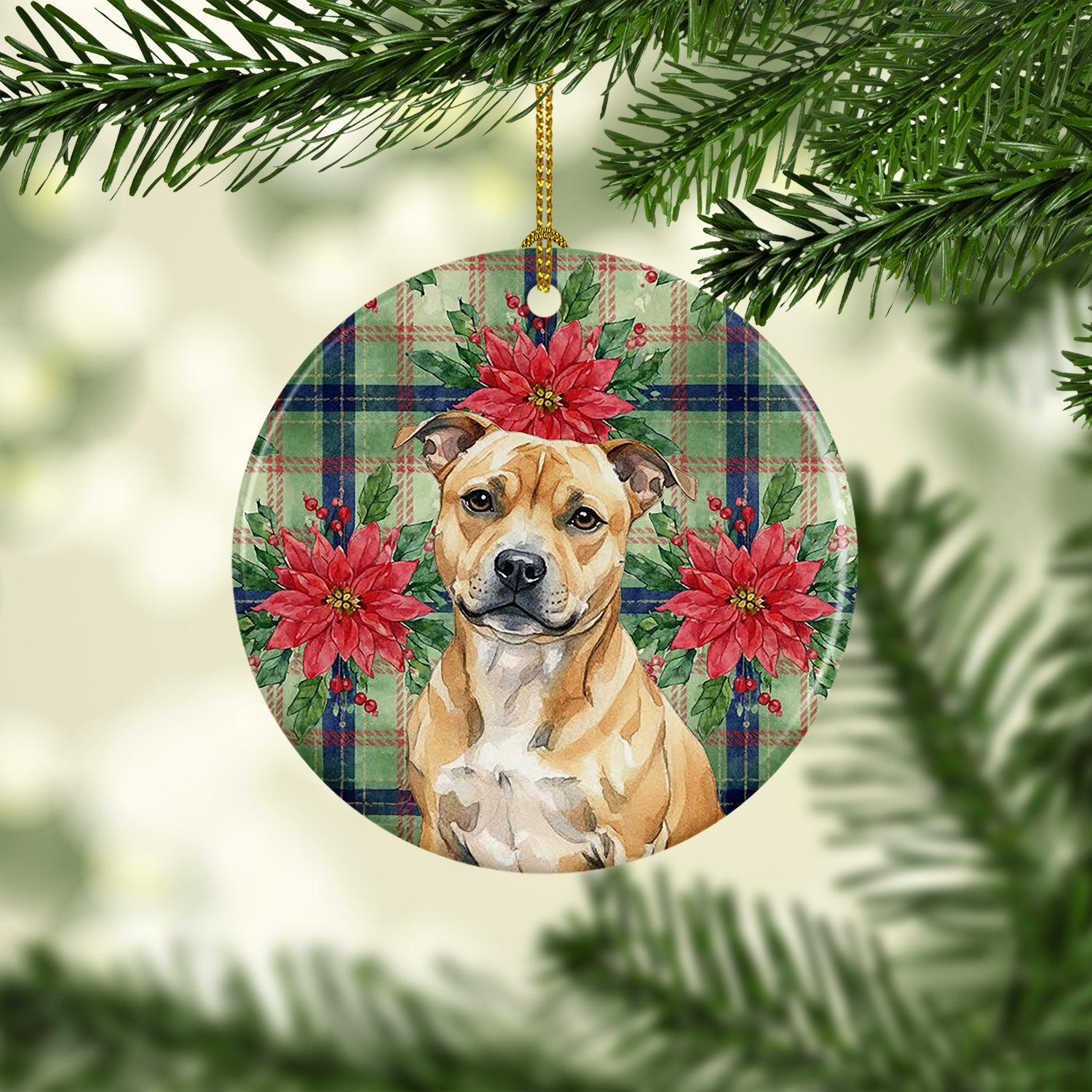 Caroline's Treasures Fawn Staffordshire Bull Terrier Christmas PoinsettIas Ceramic Ornament