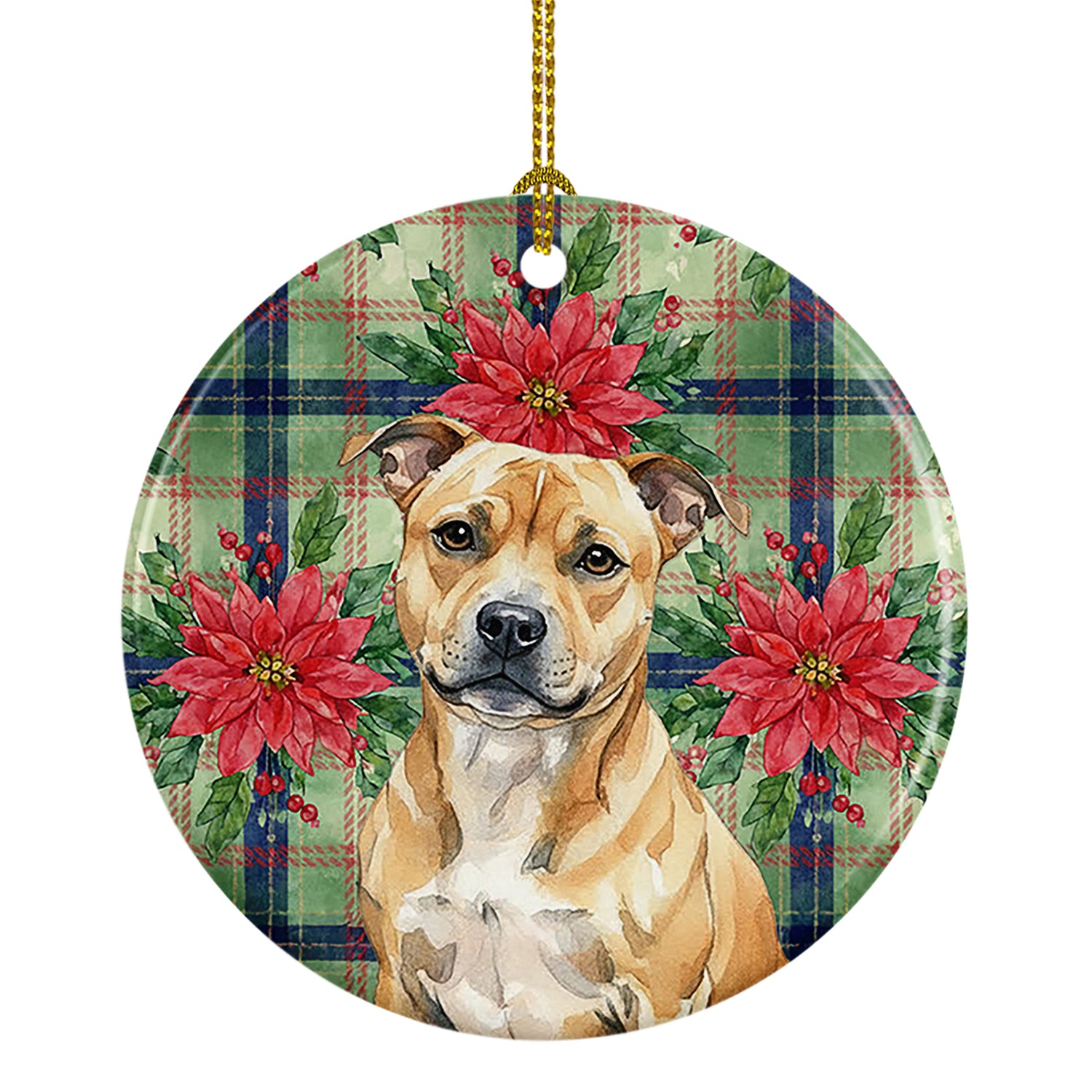 Caroline's Treasures Fawn Staffordshire Bull Terrier Christmas PoinsettIas Ceramic Ornament