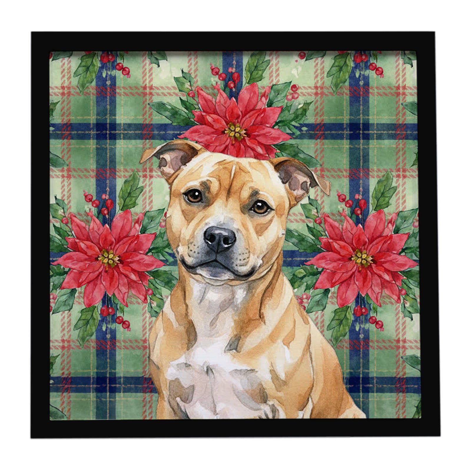 Caroline's Treasures Fawn Staffordshire Bull Terrier Christmas PoinsettIas Framed Metal Print