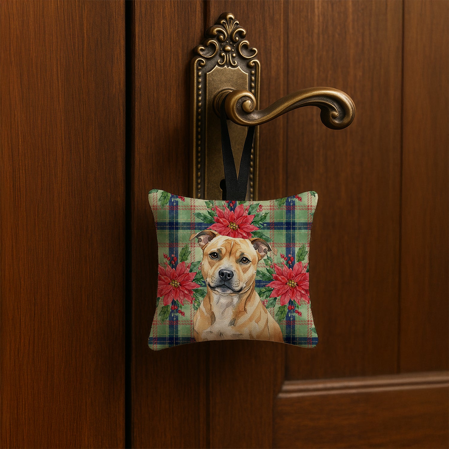 Caroline's Treasures Fawn Staffordshire Bull Terrier Christmas PoinsettIas Hanging Square Fabric Ornament 3.5 x 3.5