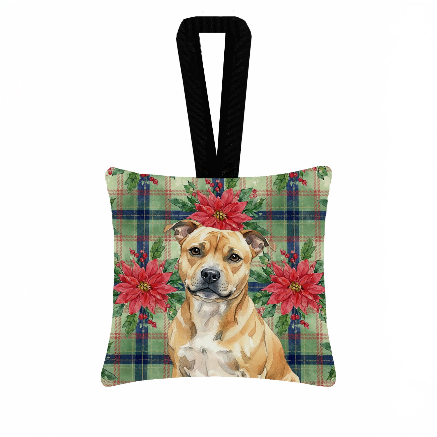 Caroline's Treasures Fawn Staffordshire Bull Terrier Christmas PoinsettIas Hanging Square Fabric Ornament 3.5 x 3.5