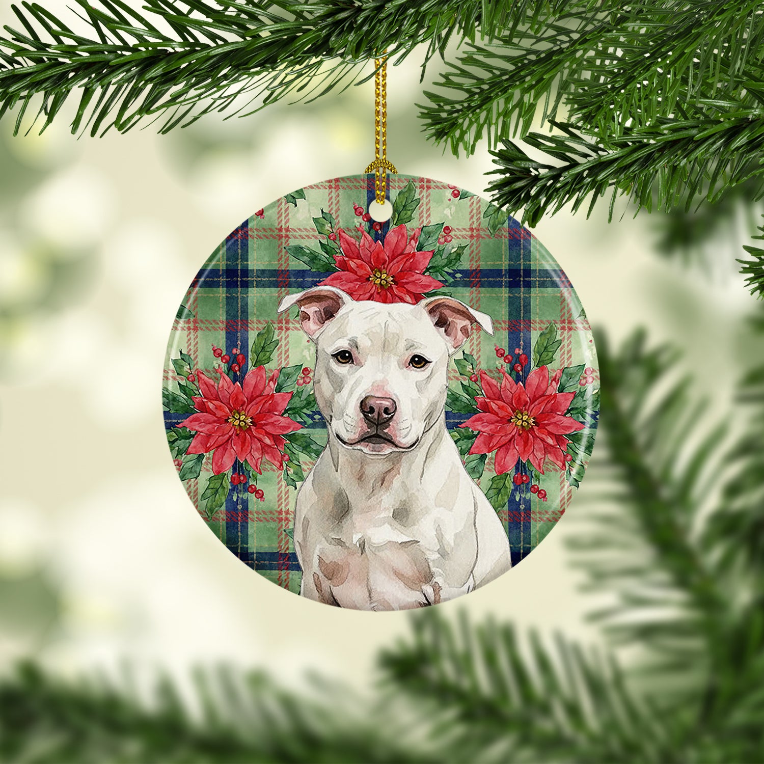 Caroline's Treasures White Staffordshire Bull Terrier Christmas PoinsettIas Ceramic Ornament